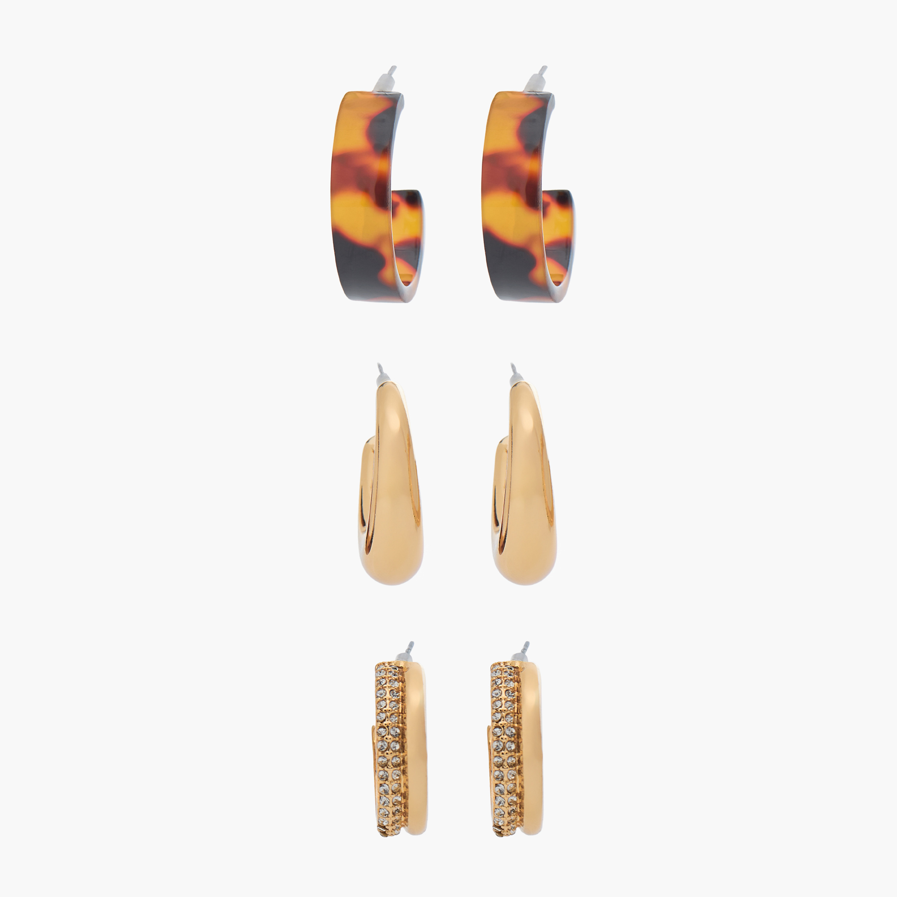 حلقان طوق متنوعة بلون ذهبي ومكبس إغلاق خلفي - 3 قطع-women-watchesandjewellery-jewellery-earrings-image-1
