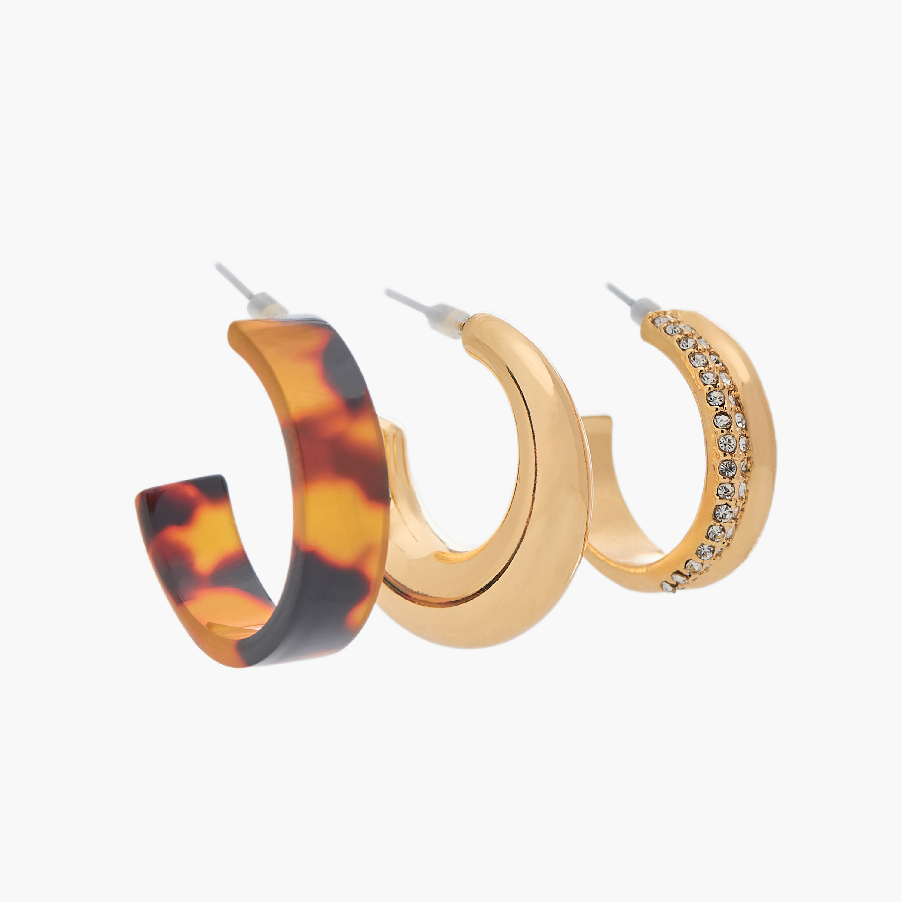 حلقان طوق متنوعة بلون ذهبي ومكبس إغلاق خلفي - 3 قطع-women-watchesandjewellery-jewellery-earrings-image-2