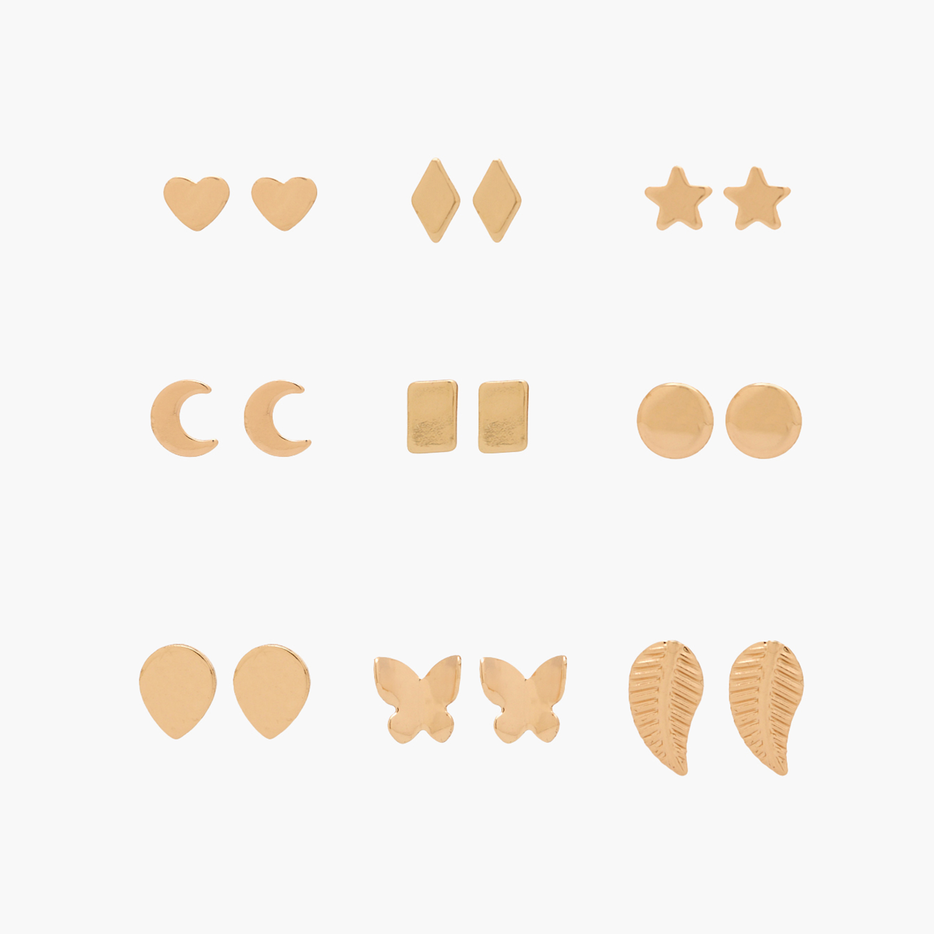 Pack of 9 Gold Tone Assorted Stud Earrings with Pushback Closure-women-watchesandjewellery-jewellery-earrings-image-1