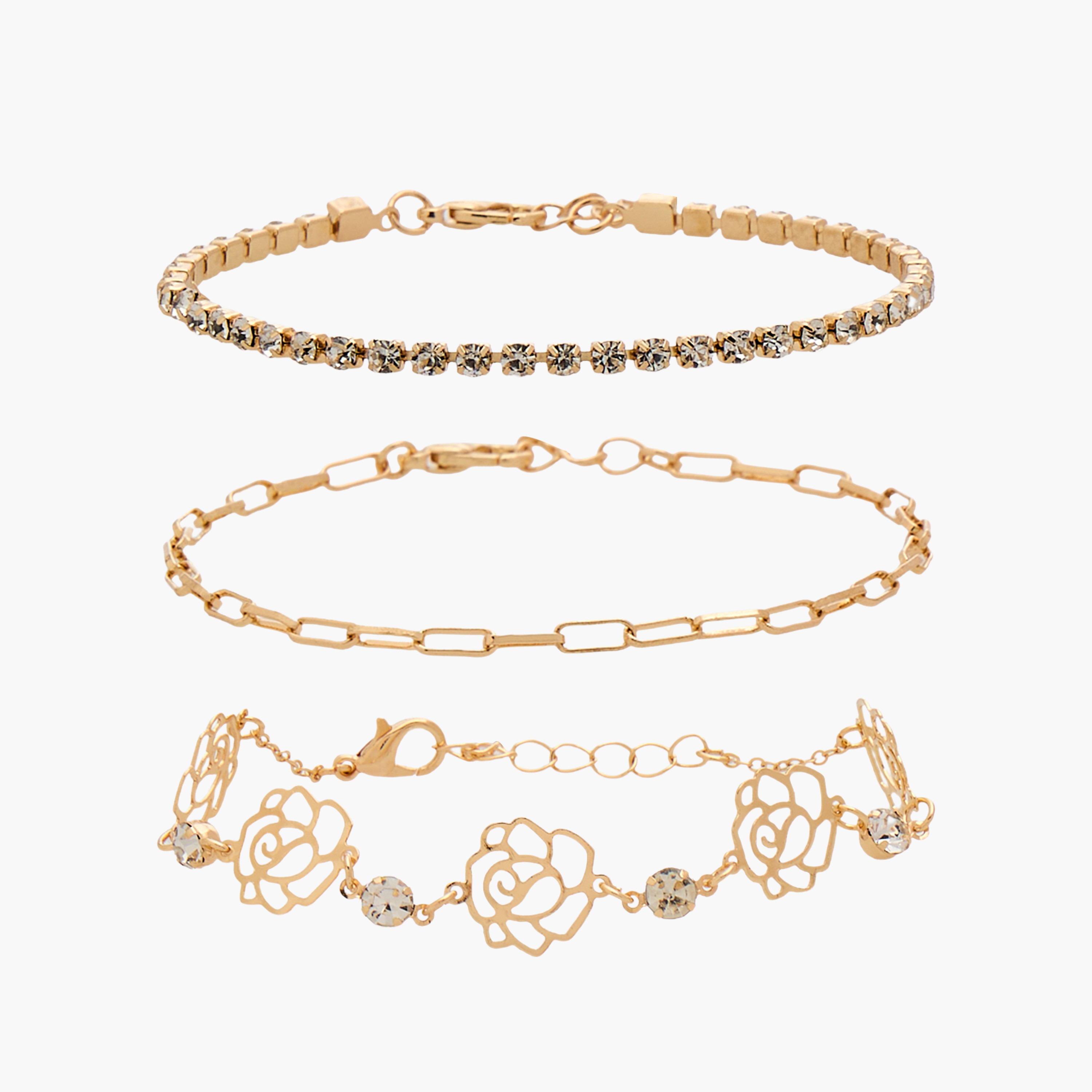 طقم أساور متنوعة بلون ذهبي - 3 قطع-women-watchesandjewellery-jewellery-banglesandbracelets-image-1
