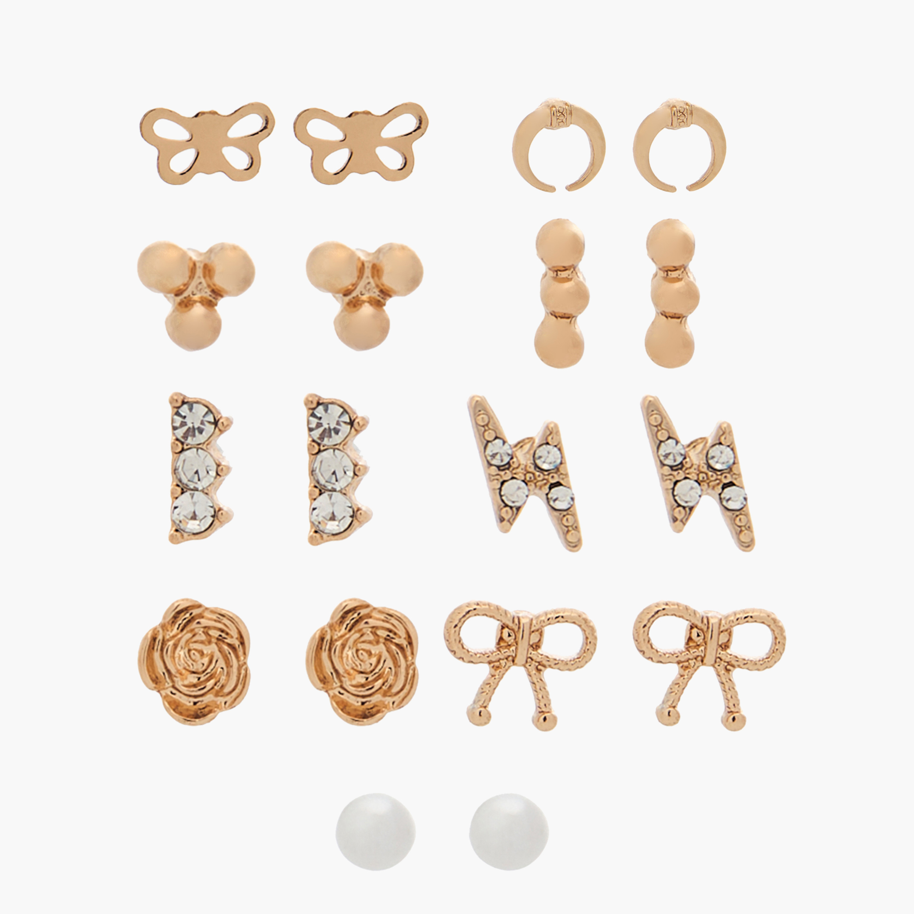 حلقان بلون ذهبي مزينة بتفاصيل مرصّعة ومكبس إغلاق خلفي - 9 قطع-women-watchesandjewellery-jewellery-earrings-image-1