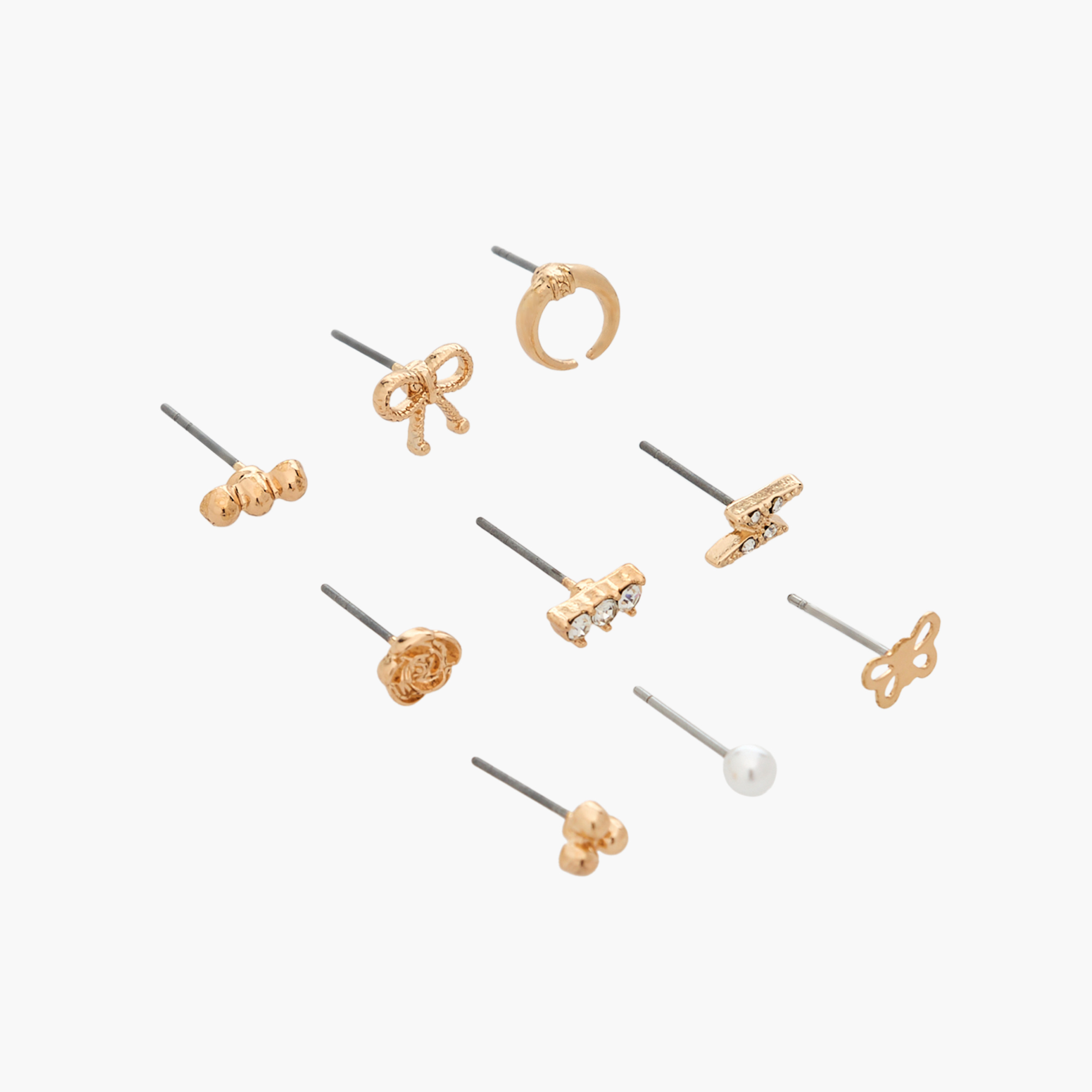 حلقان بلون ذهبي مزينة بتفاصيل مرصّعة ومكبس إغلاق خلفي - 9 قطع-women-watchesandjewellery-jewellery-earrings-image-2