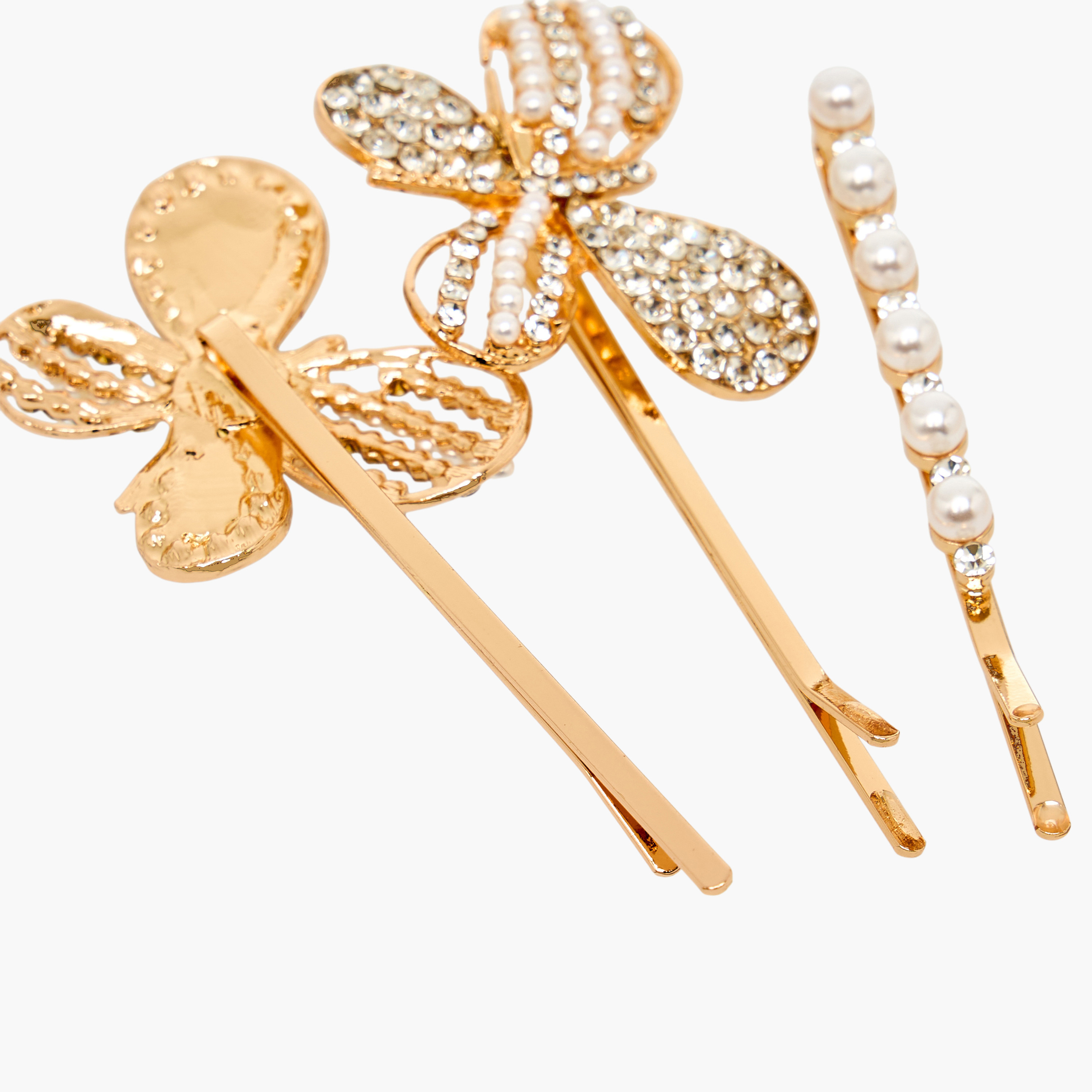 دبابيس شعر مزينة بتفاصيل لامعة - 4 قطع-women-hairaccessories-clips-image-5