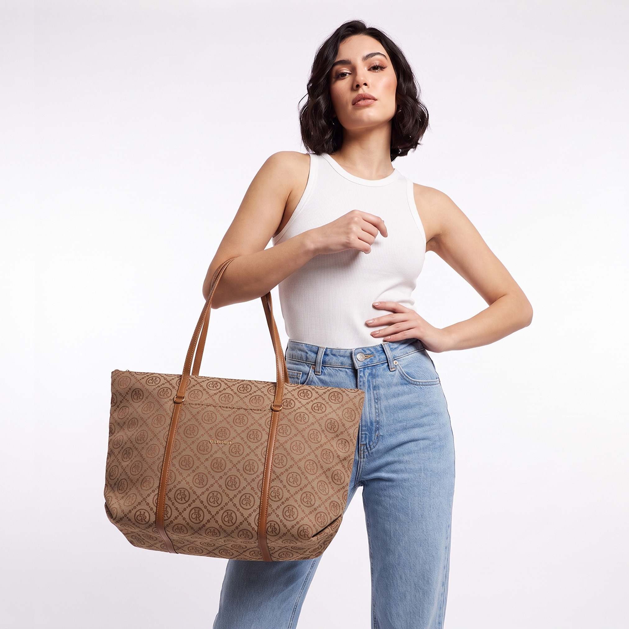 Chrisbella Monogram Print Tote Bag with Zip Closure-women-bagsandwallets-handbags-image-2