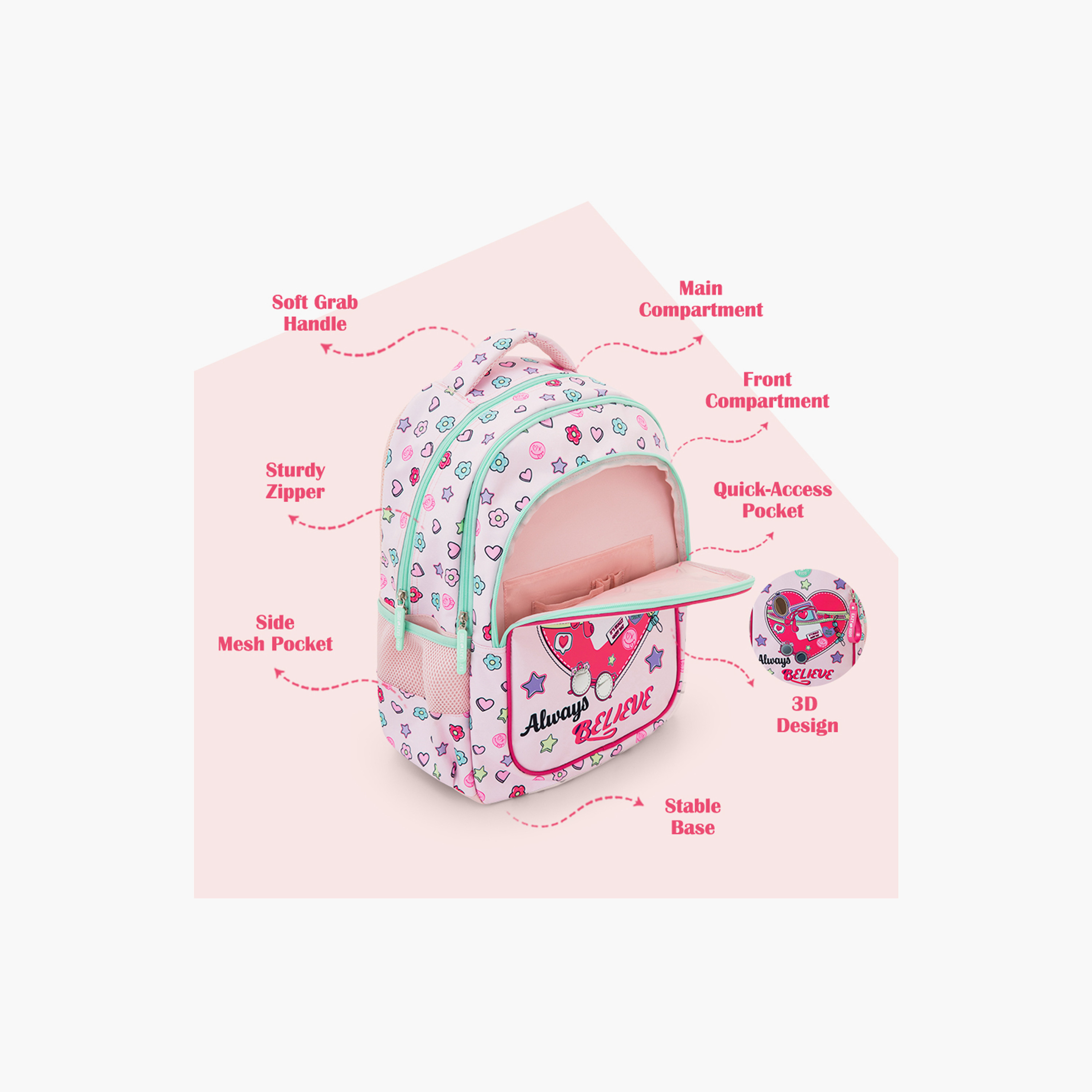 Eazy Kids 3-Piece School Bag Set with Laptop Compartment - Always Believe - Pink - 17 Inch-school-bagsandbackpacks-backpacks-image-7