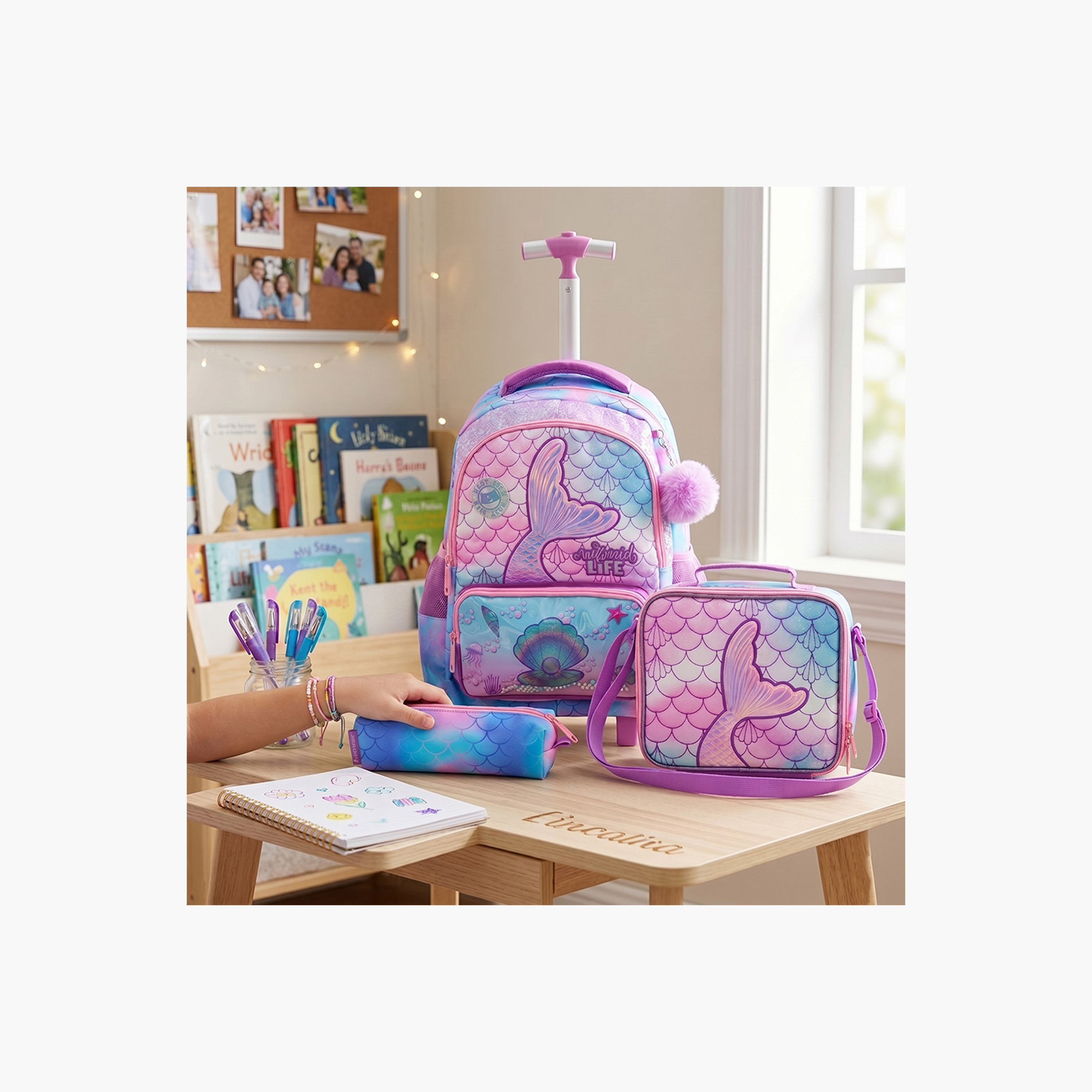 Eazy Kids 3-Piece Trolley School Bag with Lunch Bag & Pencil Case - Mermaid - Pink - 17 Inch-school-bagsandbackpacks-backpacks-image-10
