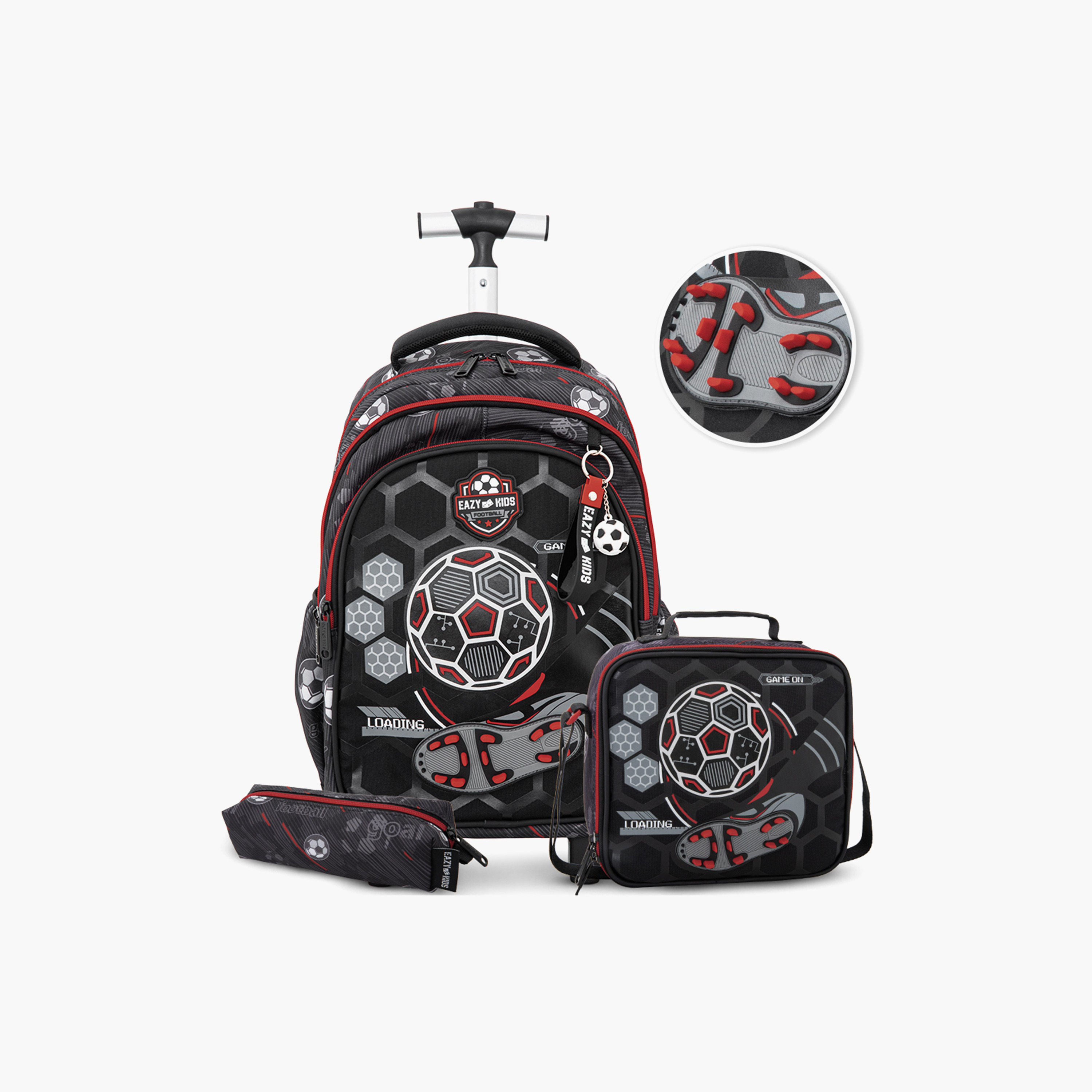Eazy Kids 3-Piece Trolley School Bag with Lunch Bag & Pencil Case - Football - Black - 17 Inch-school-bagsandbackpacks-backpacks-image-1