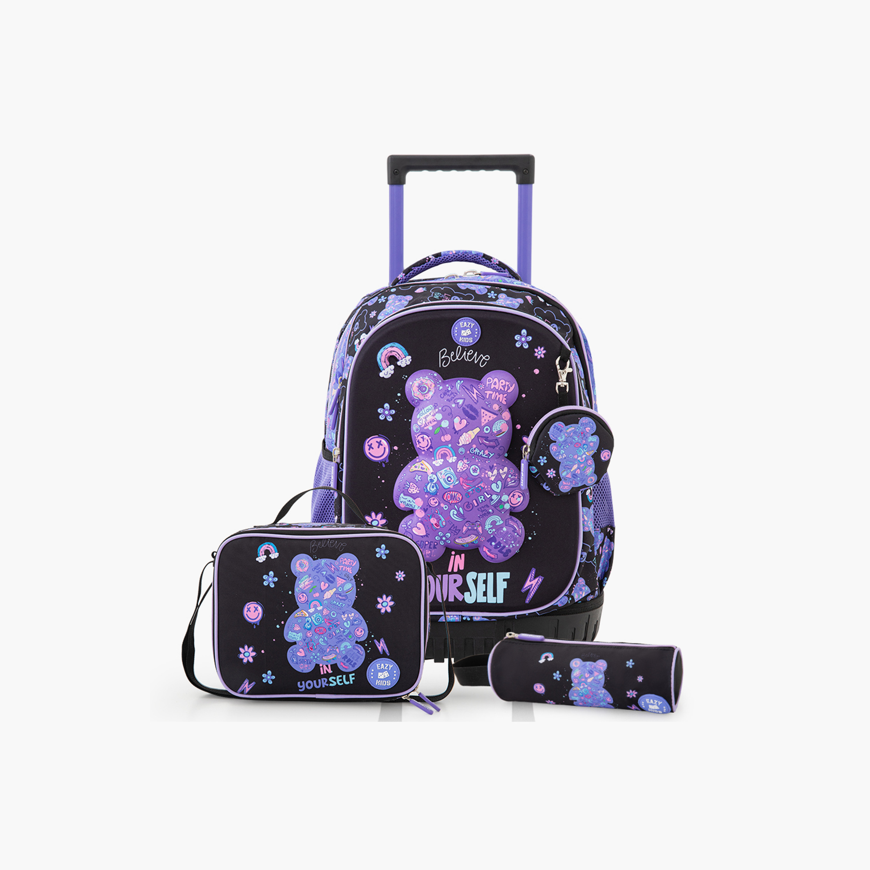 Eazy Kids 3-Piece Trolley School Bag Set with Laptop Compartment - Teddy Black - 18 Inch-school-bagsandbackpacks-backpacks-image-1