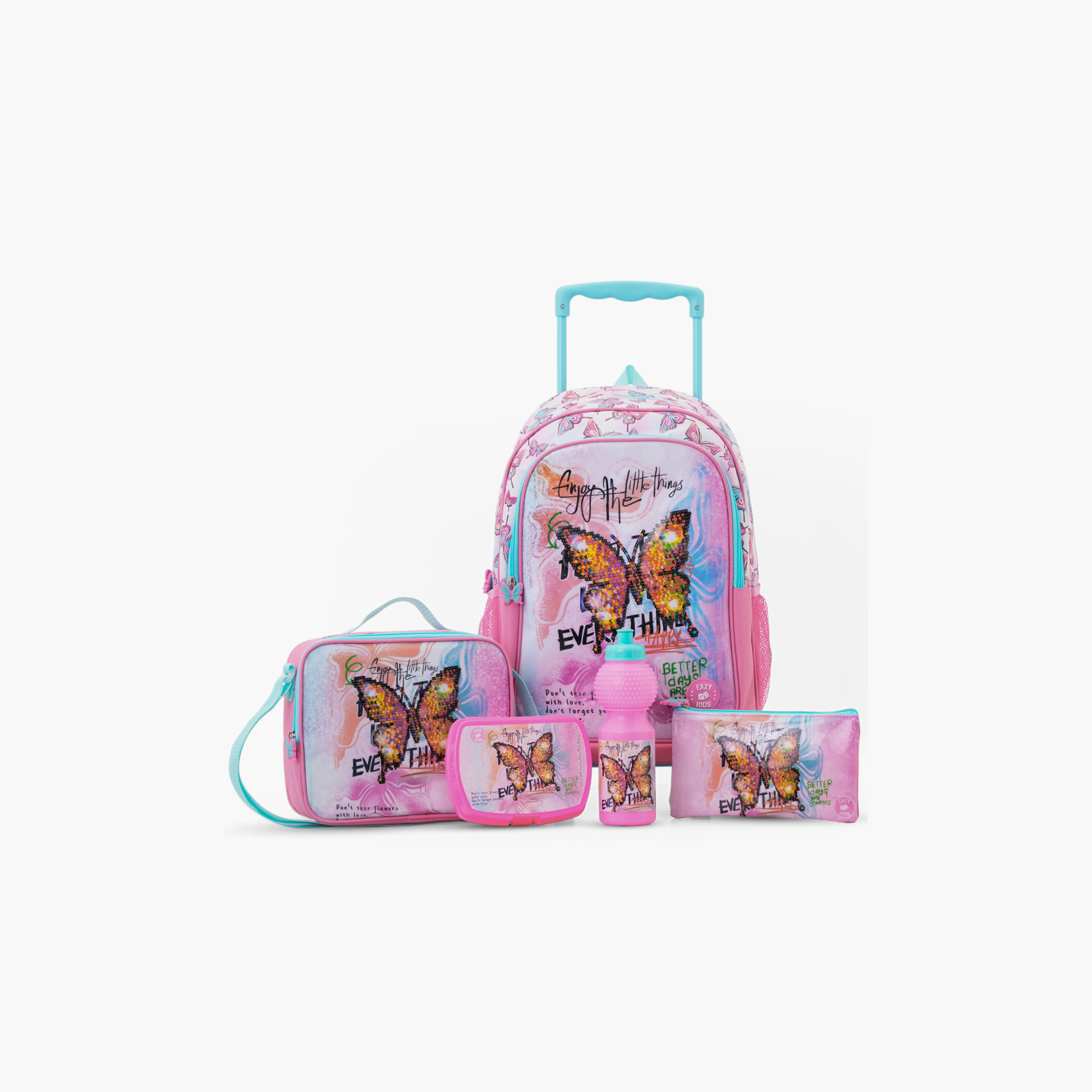 Eazy Kids 5-Piece School Combo Trolley Bag Set - Butterfly Mint - 17 Inch-school-bagsandbackpacks-backpacks-image-1