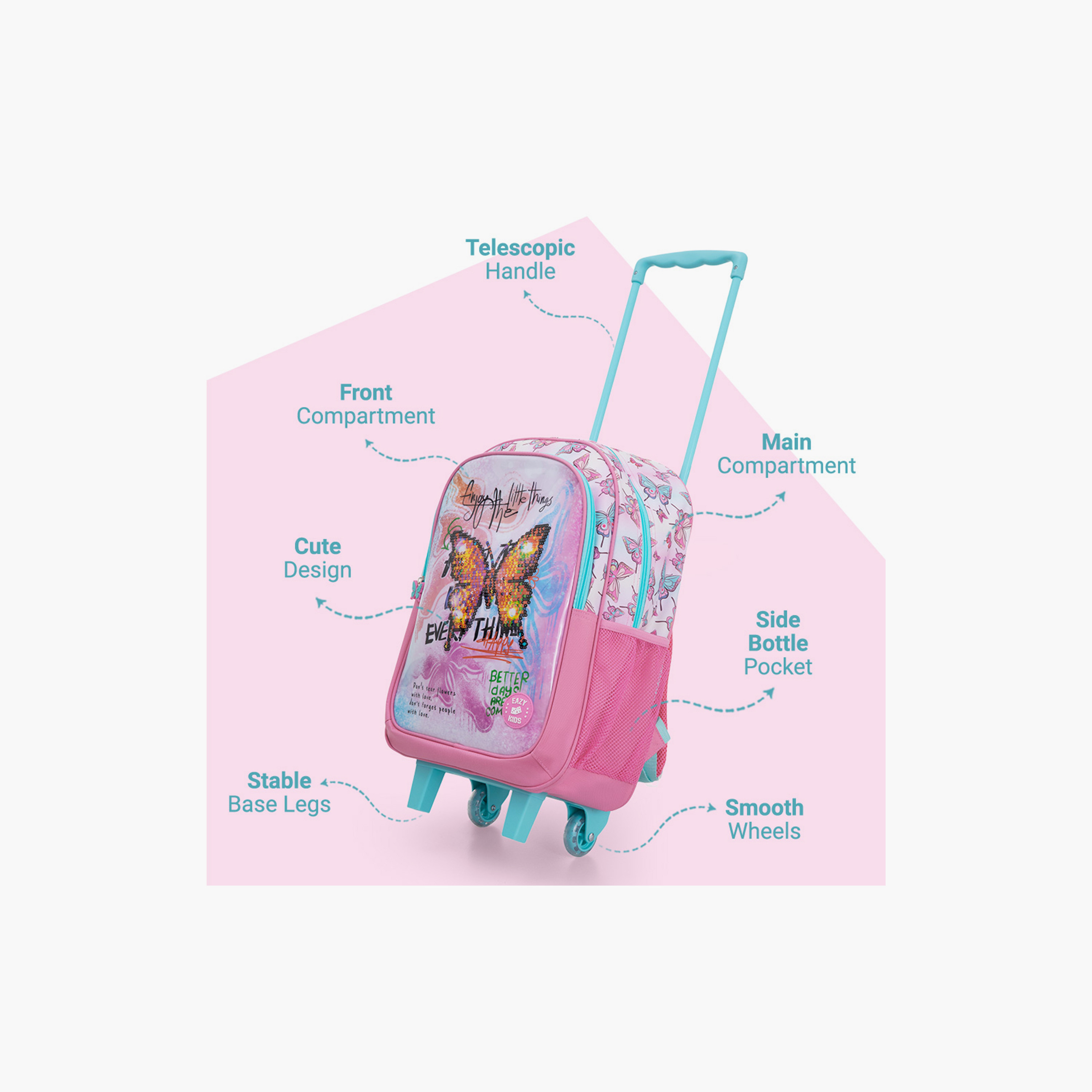 Eazy Kids 5-Piece School Combo Trolley Bag Set - Butterfly Mint - 17 Inch-school-bagsandbackpacks-backpacks-image-11