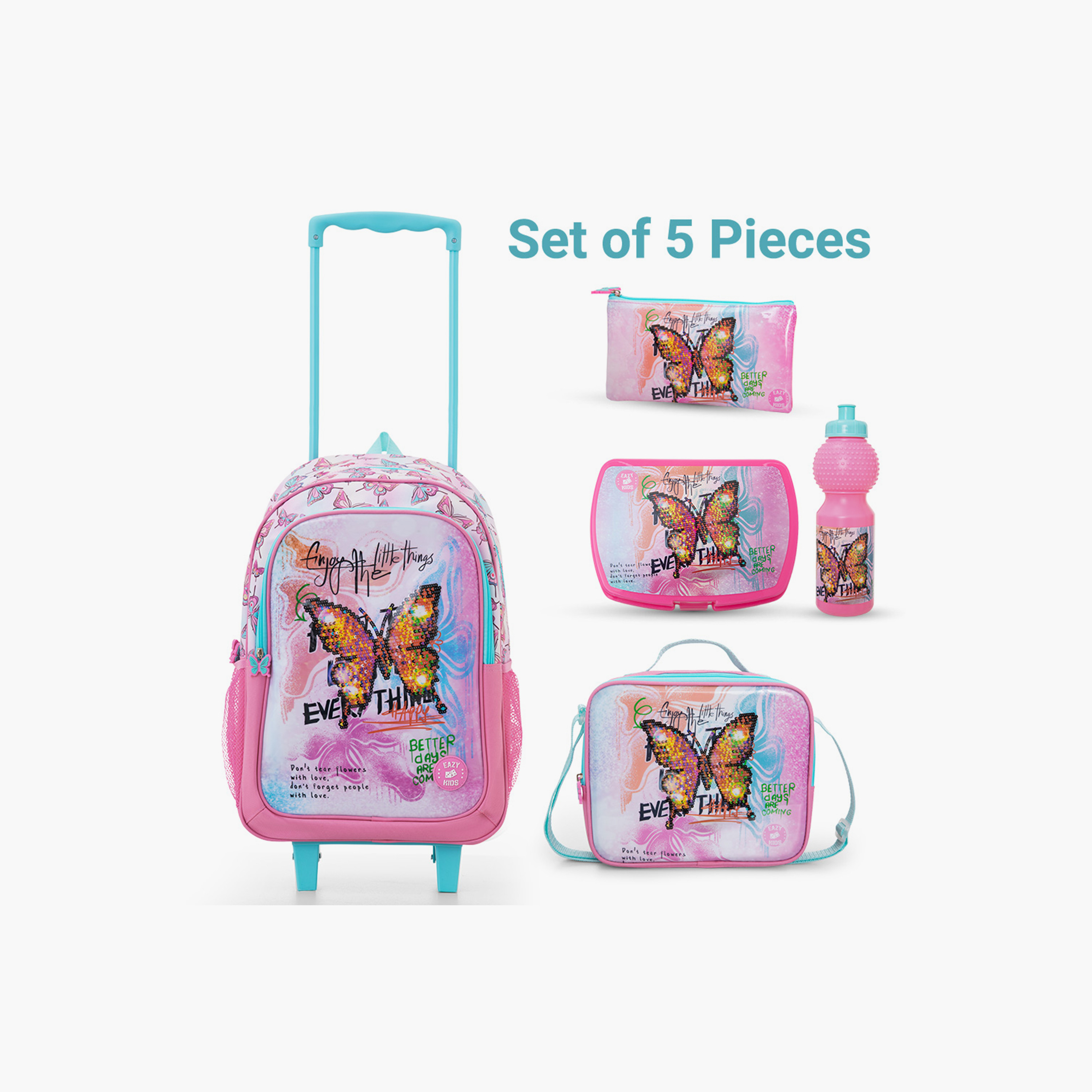 Eazy Kids 5-Piece School Combo Trolley Bag Set - Butterfly Mint - 17 Inch-school-bagsandbackpacks-backpacks-image-13