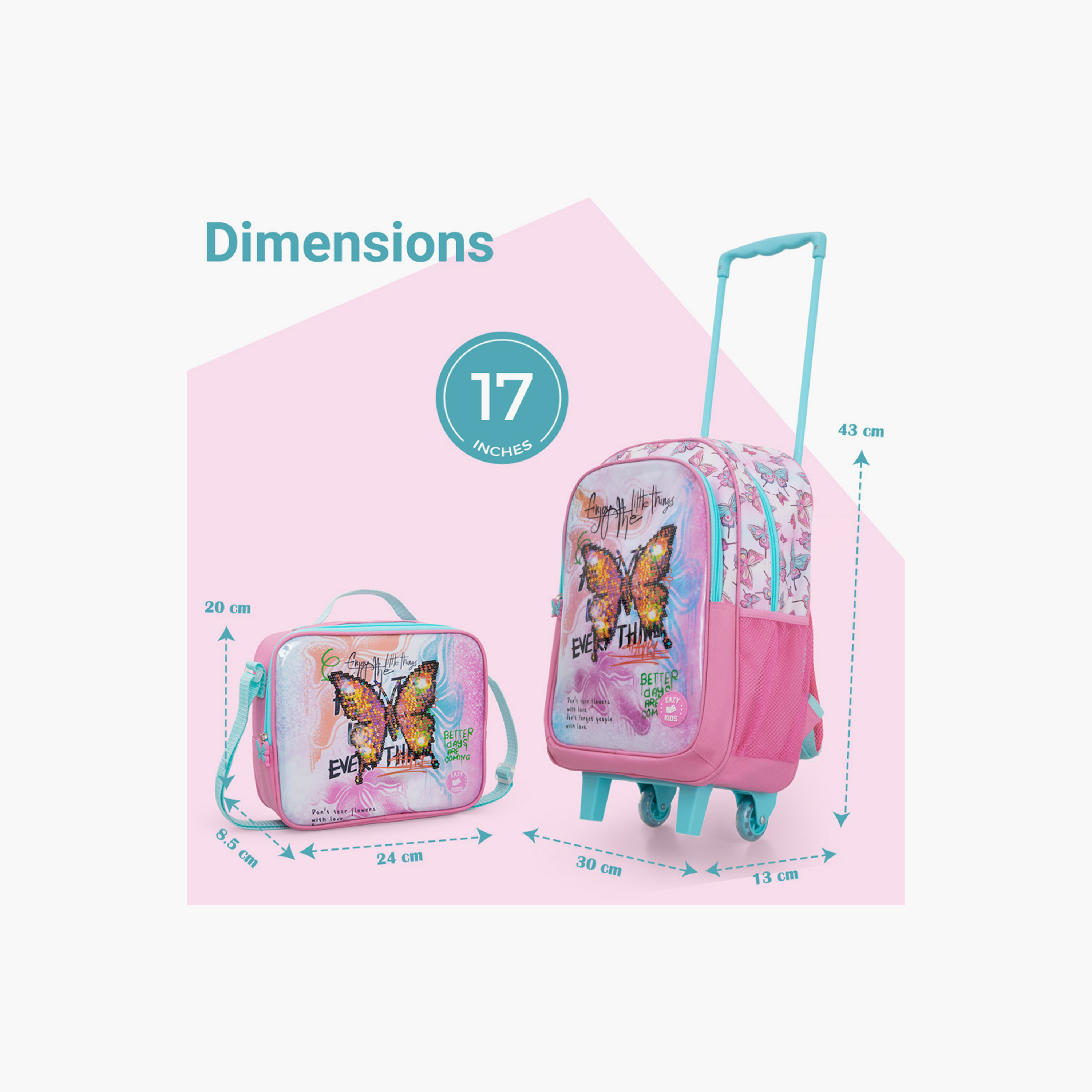 Eazy Kids 5-Piece School Combo Trolley Bag Set - Butterfly Mint - 17 Inch-school-bagsandbackpacks-backpacks-image-9