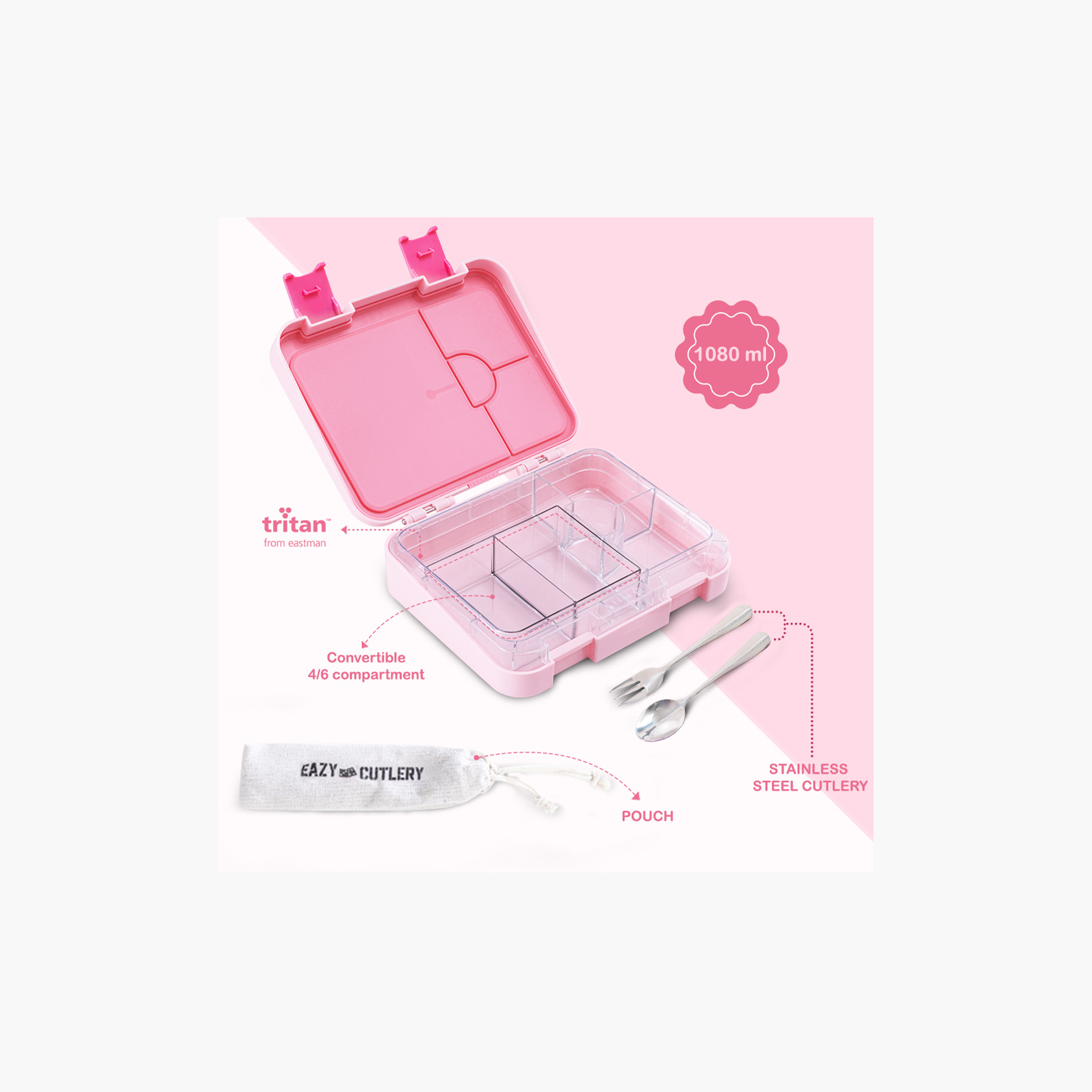 Eazy Kids 2-In-1 Convertible Bento Lunch Box with Steel Spoon & Fork Set - Life Pink-school-lunchessentials-lunchboxes-image-10