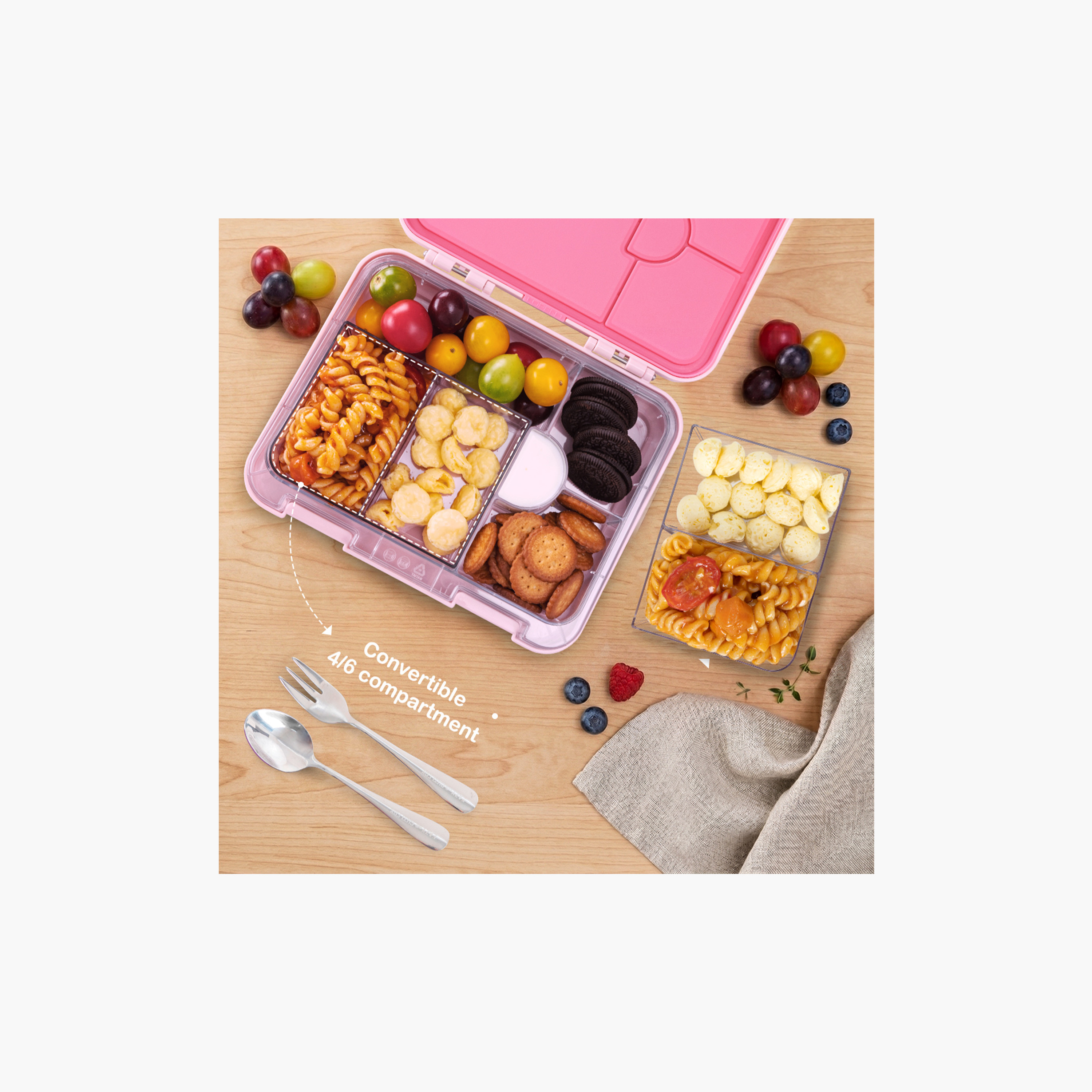Eazy Kids 2-In-1 Convertible Bento Lunch Box with Steel Spoon & Fork Set - Life Pink-school-lunchessentials-lunchboxes-image-9