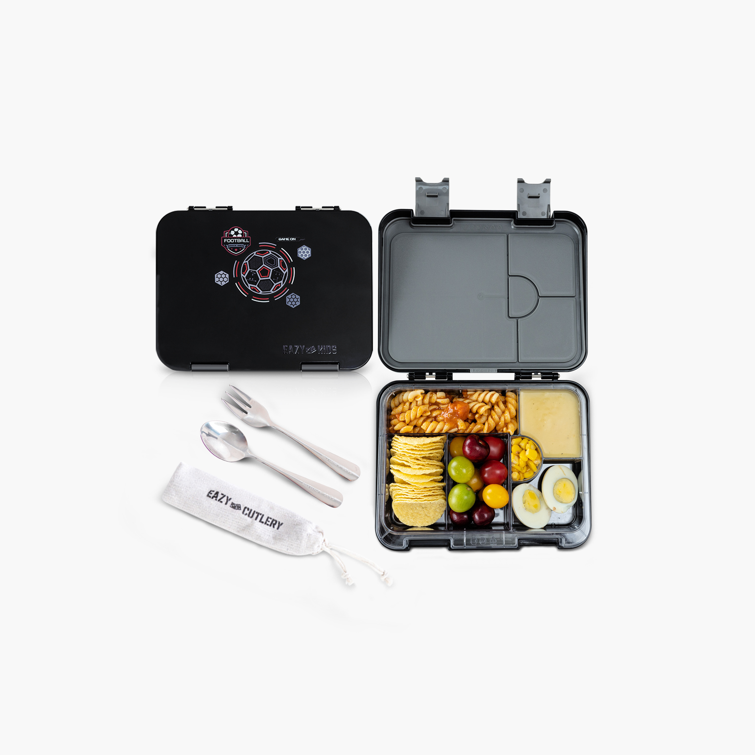 Eazy Kids 2-In-1 Convertible Bento Lunch Box with Steel Spoon & Fork Set - Football Black-school-lunchessentials-lunchboxes-image-1