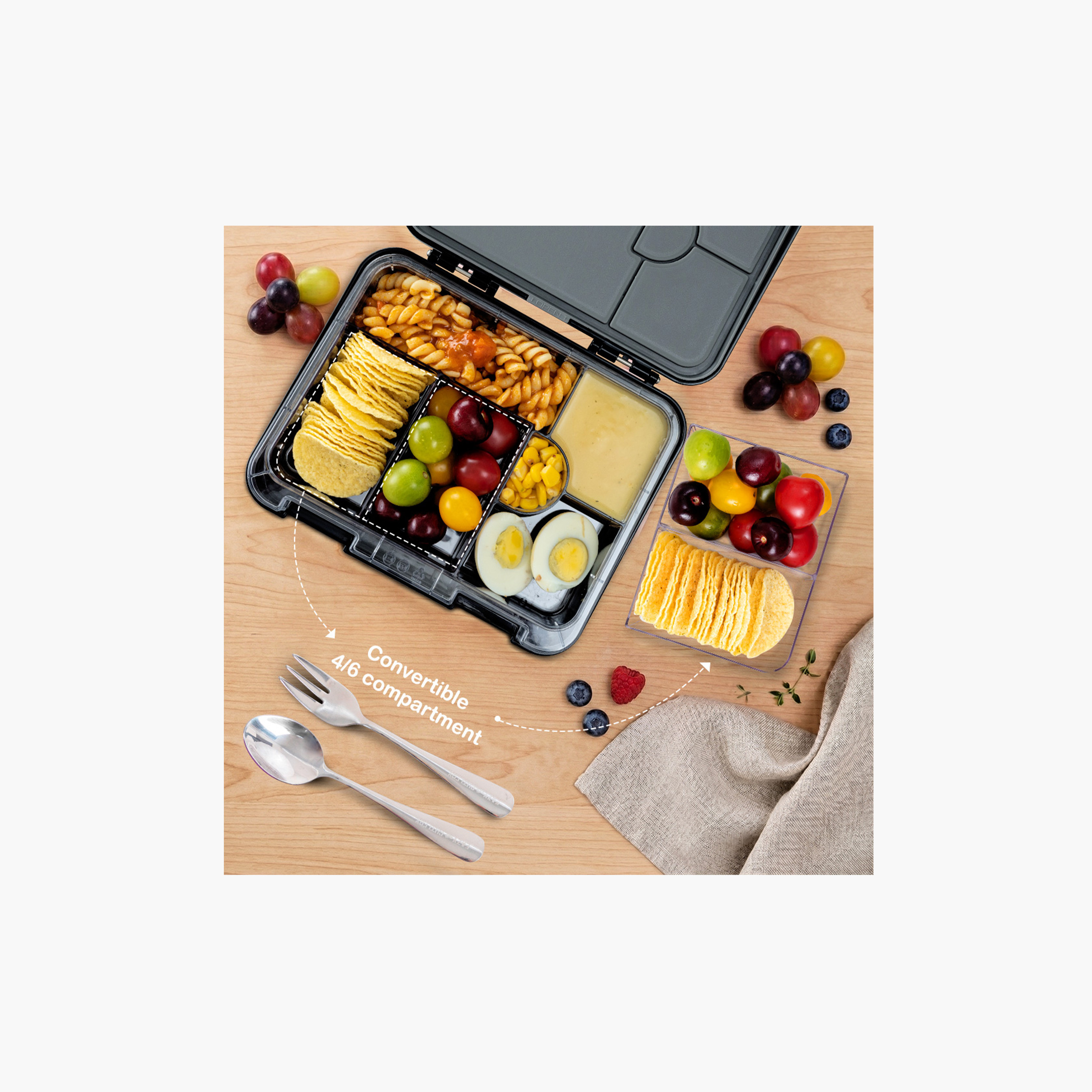 Eazy Kids 2-In-1 Convertible Bento Lunch Box with Steel Spoon & Fork Set - Football Black-school-lunchessentials-lunchboxes-image-8