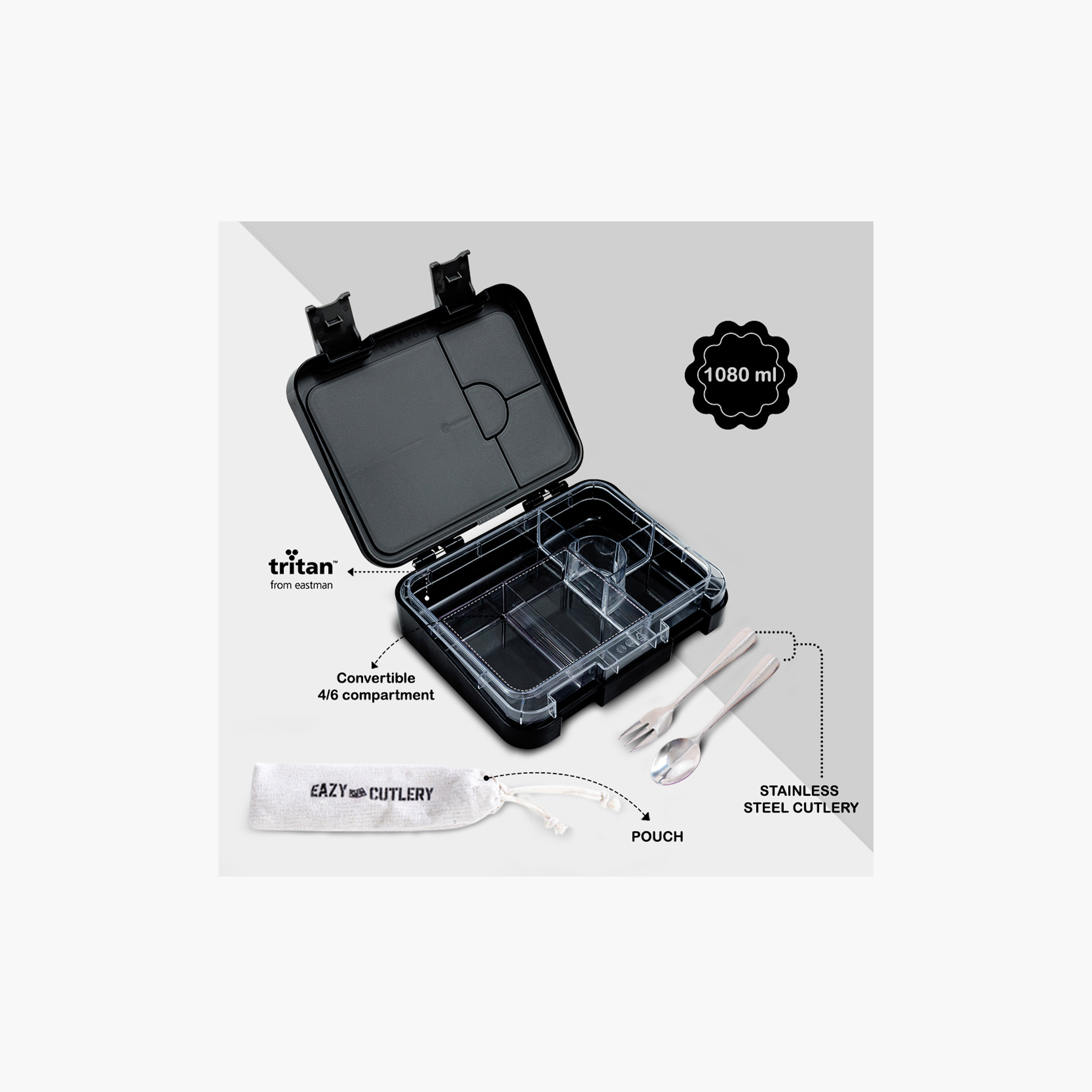 Eazy Kids 2-In-1 Convertible Bento Lunch Box with Steel Spoon & Fork Set - Football Black-school-lunchessentials-lunchboxes-image-9