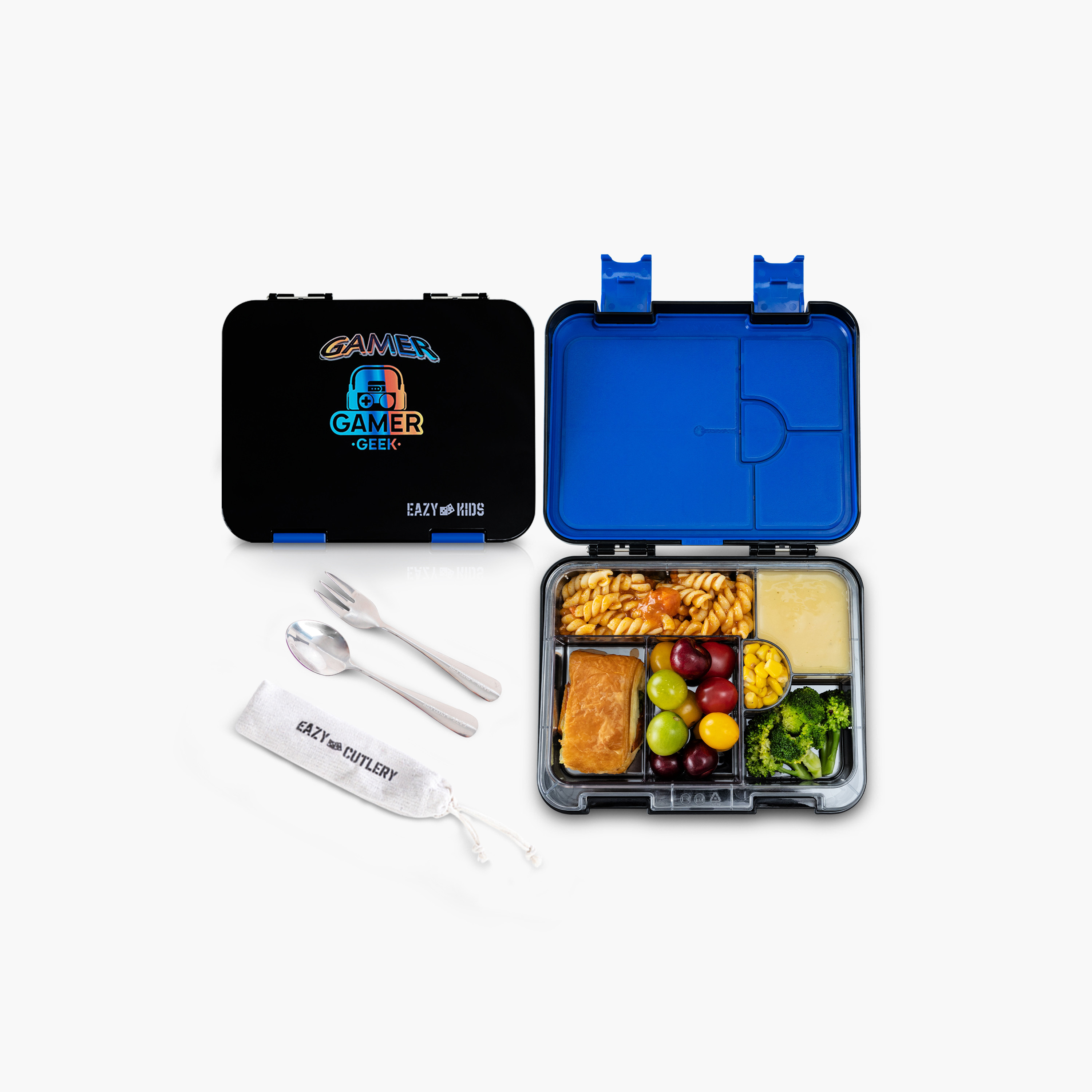 Eazy Kids 2-In-1 Convertible Bento Lunch Box with Steel Spoon & Fork Set - Gamer Black-school-lunchessentials-lunchboxes-image-1