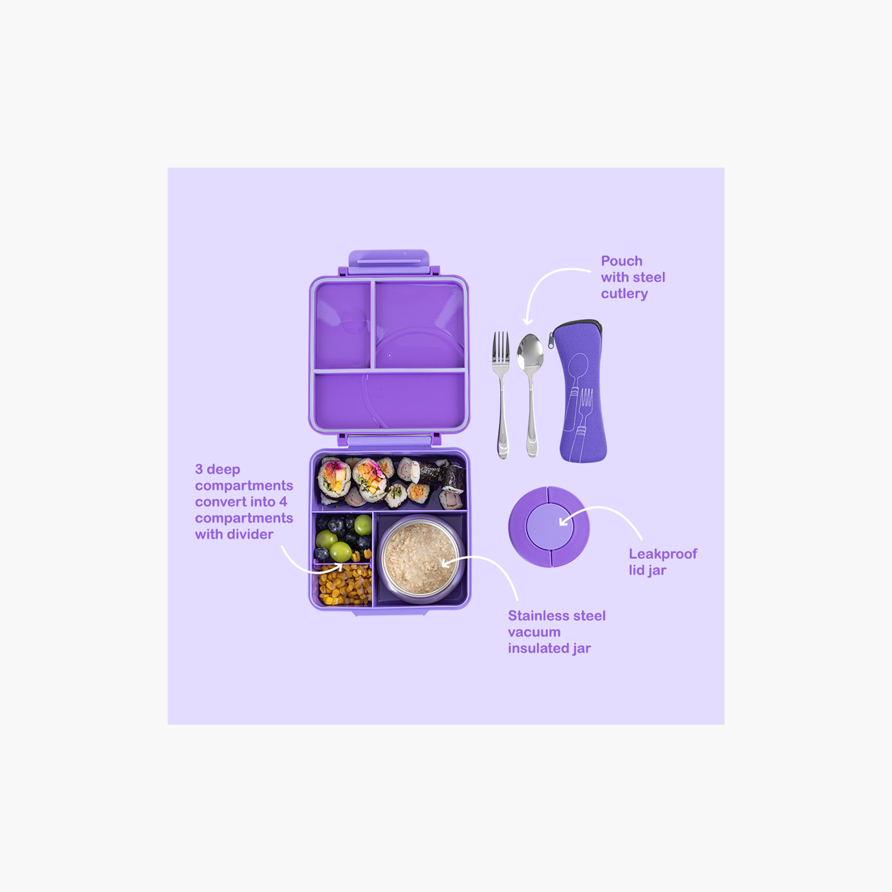 Eazy Kids BPA Free Compartment Convertible Bento Lunch Box & Bowl with Spoon & Fork - Purple-school-lunchessentials-lunchboxes-image-3
