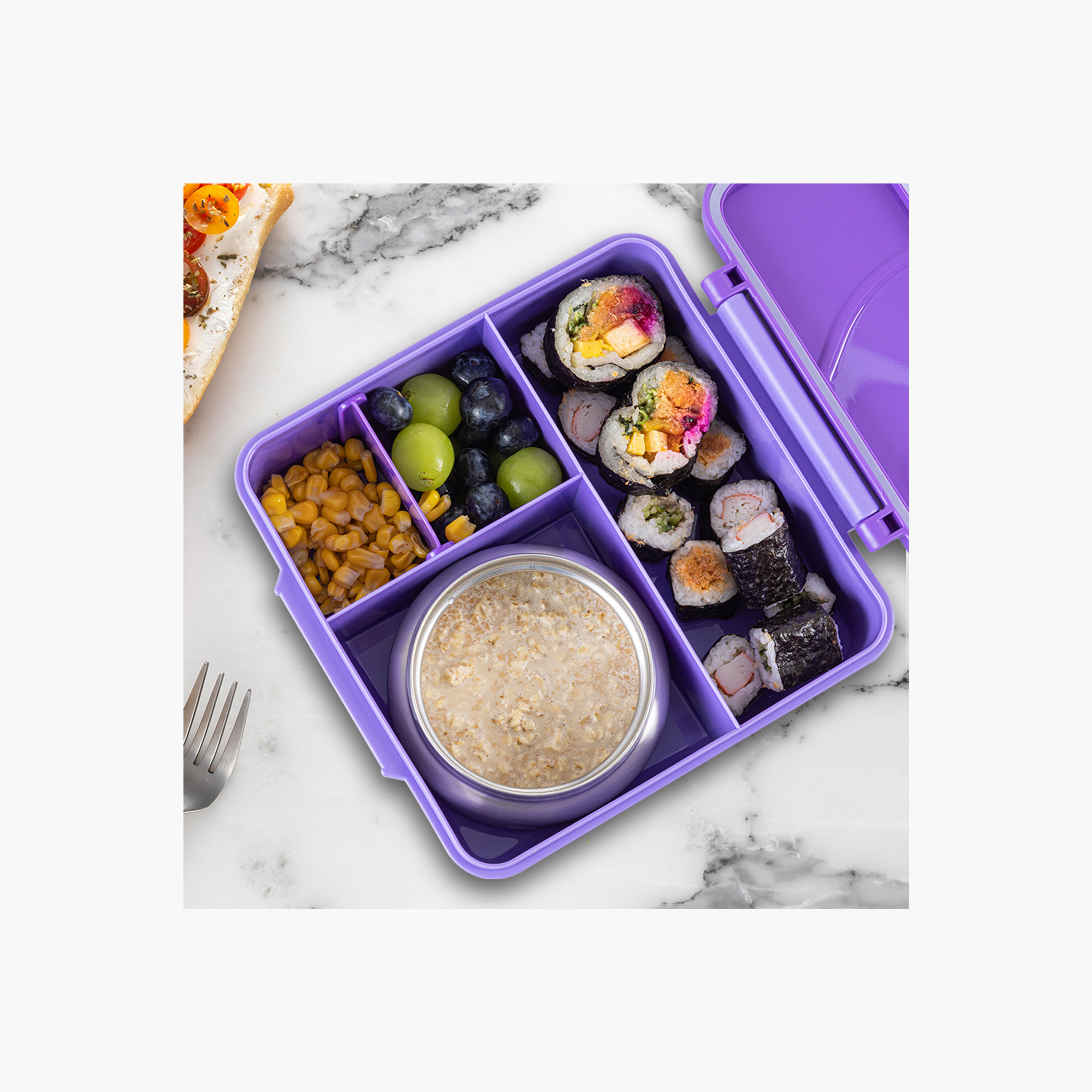 Eazy Kids BPA Free Compartment Convertible Bento Lunch Box & Bowl with Spoon & Fork - Purple-school-lunchessentials-lunchboxes-image-4