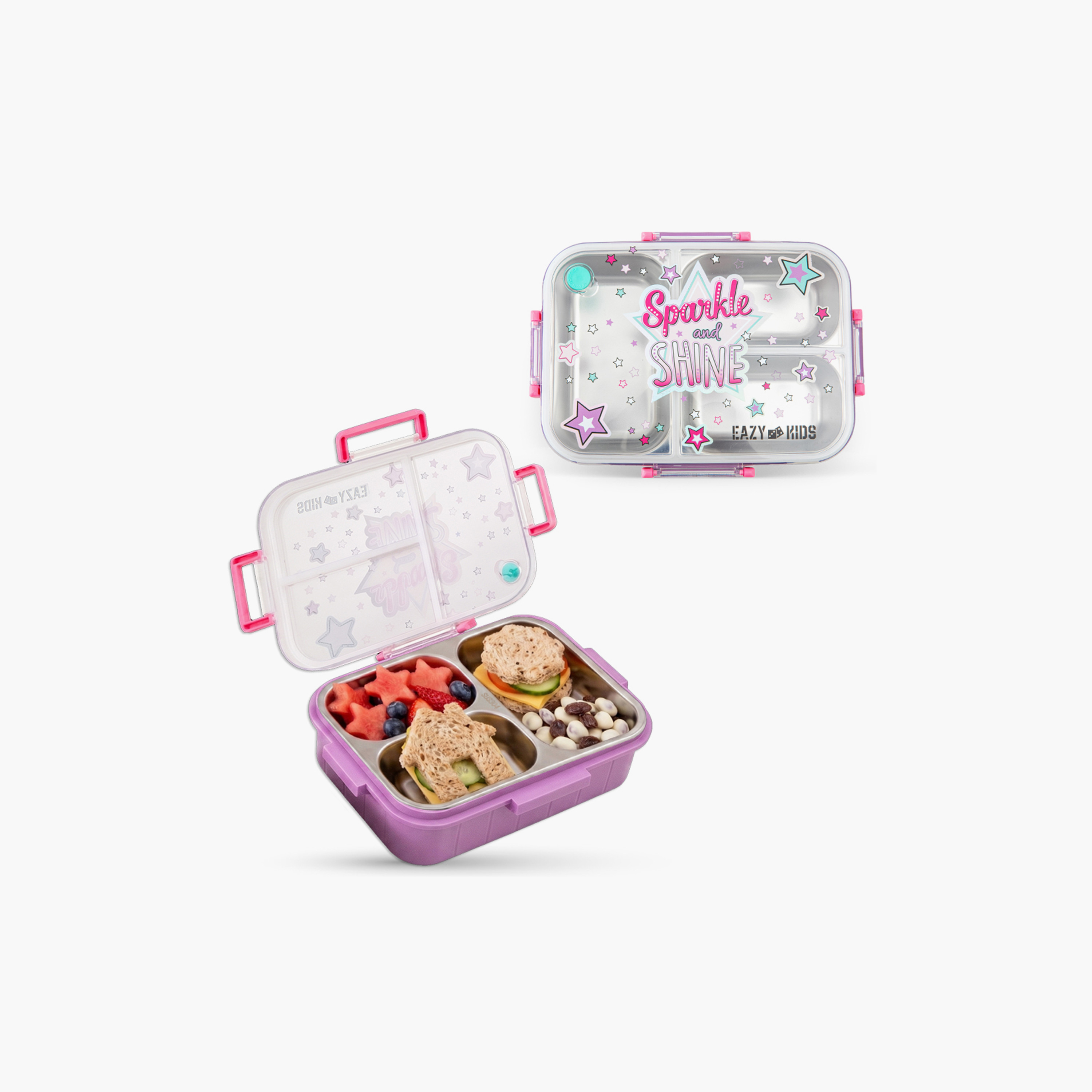 Eazy Kids 3 Compartment Stainless Steel Bento Lunch Box - Sparkle Girl - 800 ml - Purple-school-lunchessentials-lunchboxes-image-1