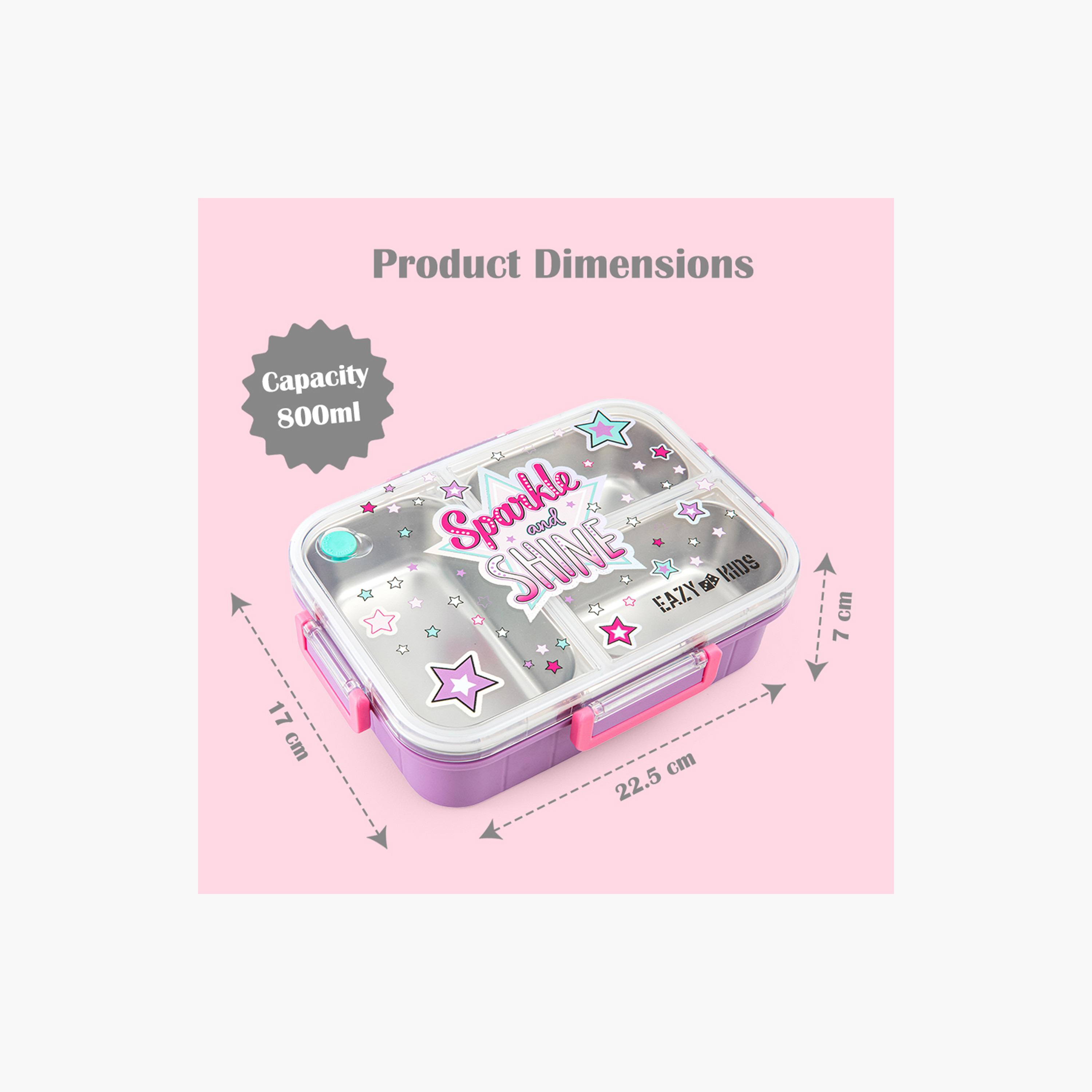 Eazy Kids 3 Compartment Stainless Steel Bento Lunch Box - Sparkle Girl - 800 ml - Purple-school-lunchessentials-lunchboxes-image-2