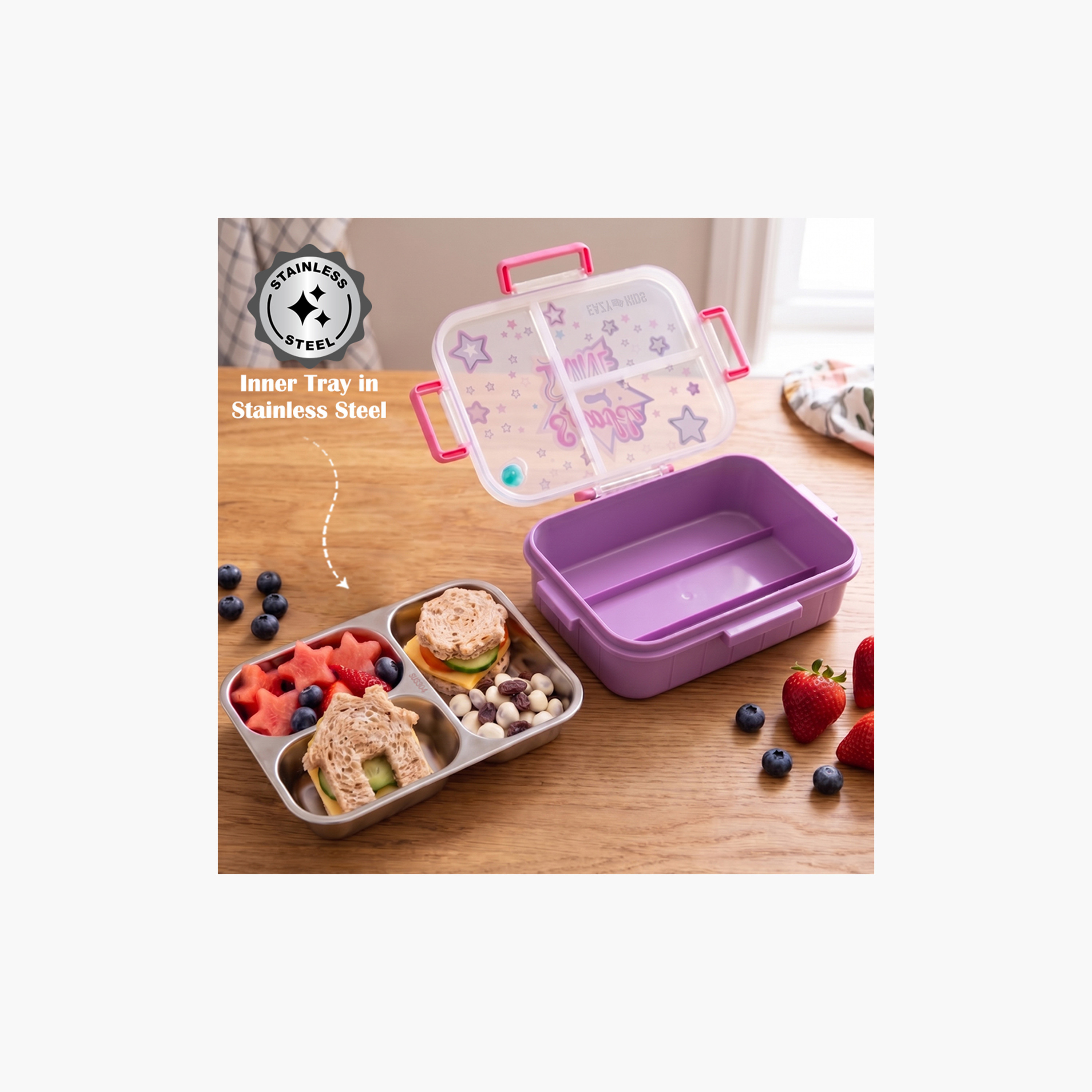 Eazy Kids 3 Compartment Stainless Steel Bento Lunch Box - Sparkle Girl - 800 ml - Purple-school-lunchessentials-lunchboxes-image-9