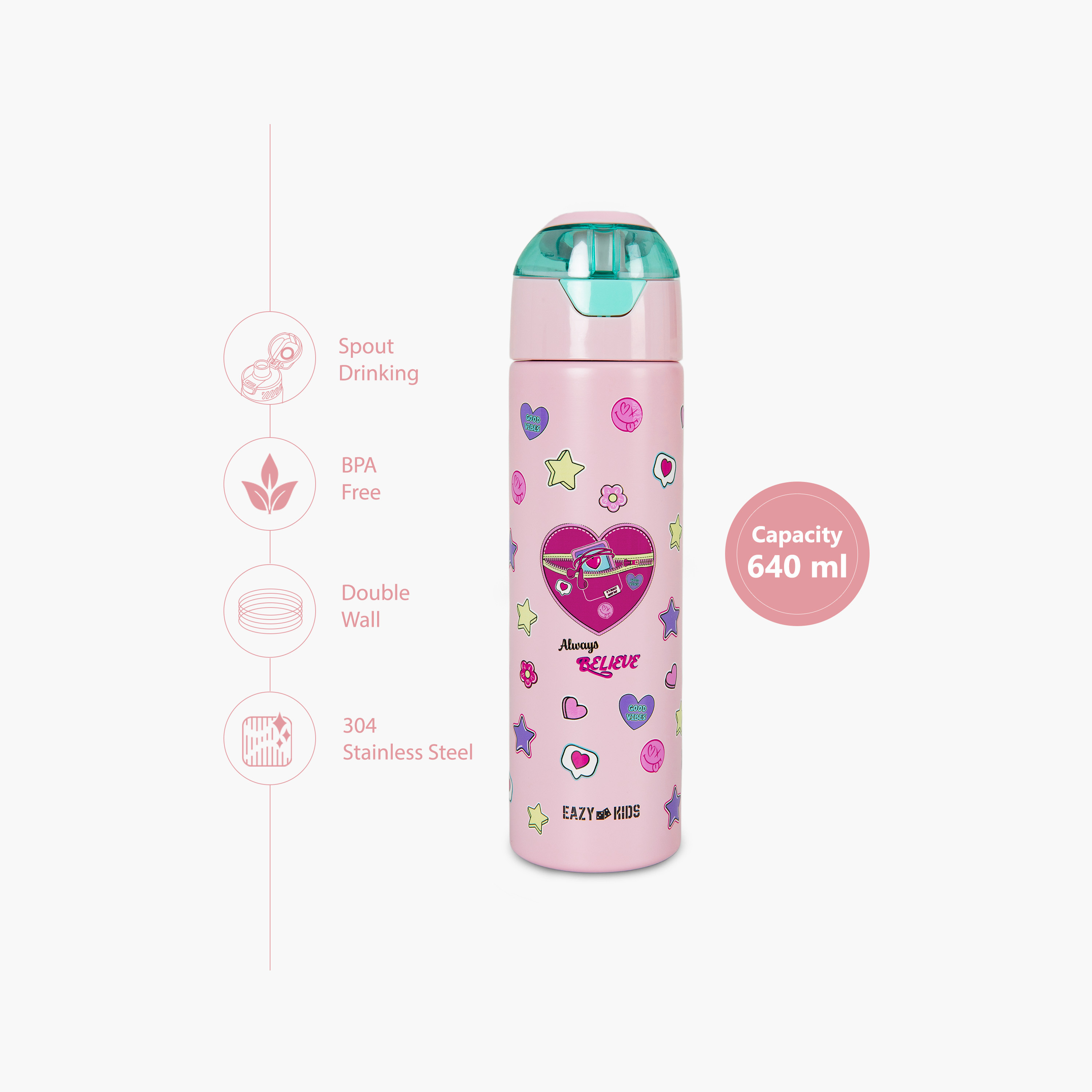 عبوة ماء ستانلس ستيل معزولة مع بخاخ | 640 مل بلون وردي من إيزي كيدز-school-waterbottles-image-5
