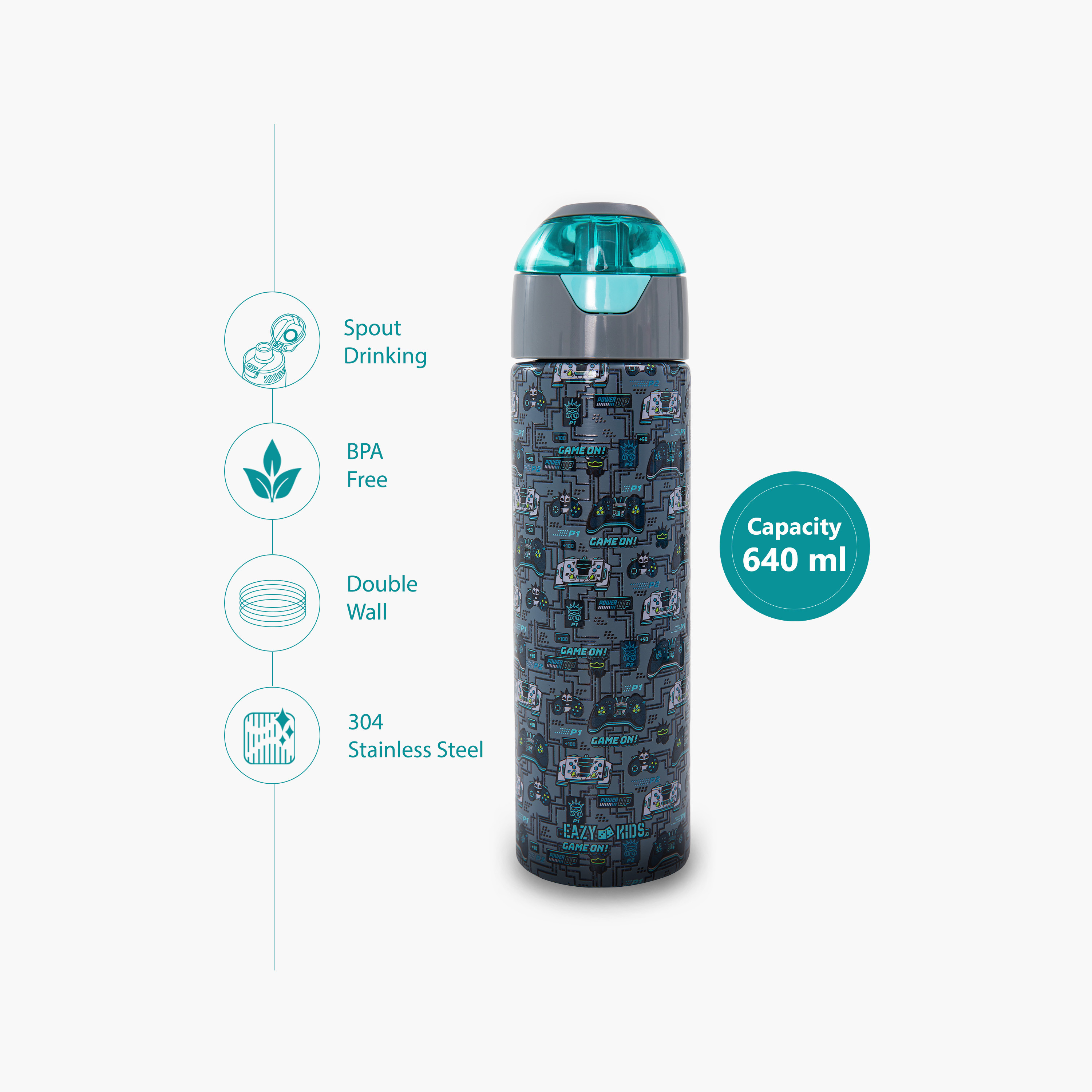 عبوة ماء ستانلس ستيل معزولة مع بخاخ | 640 مل بلون رمادي من إيزي كيدز-school-waterbottles-image-6