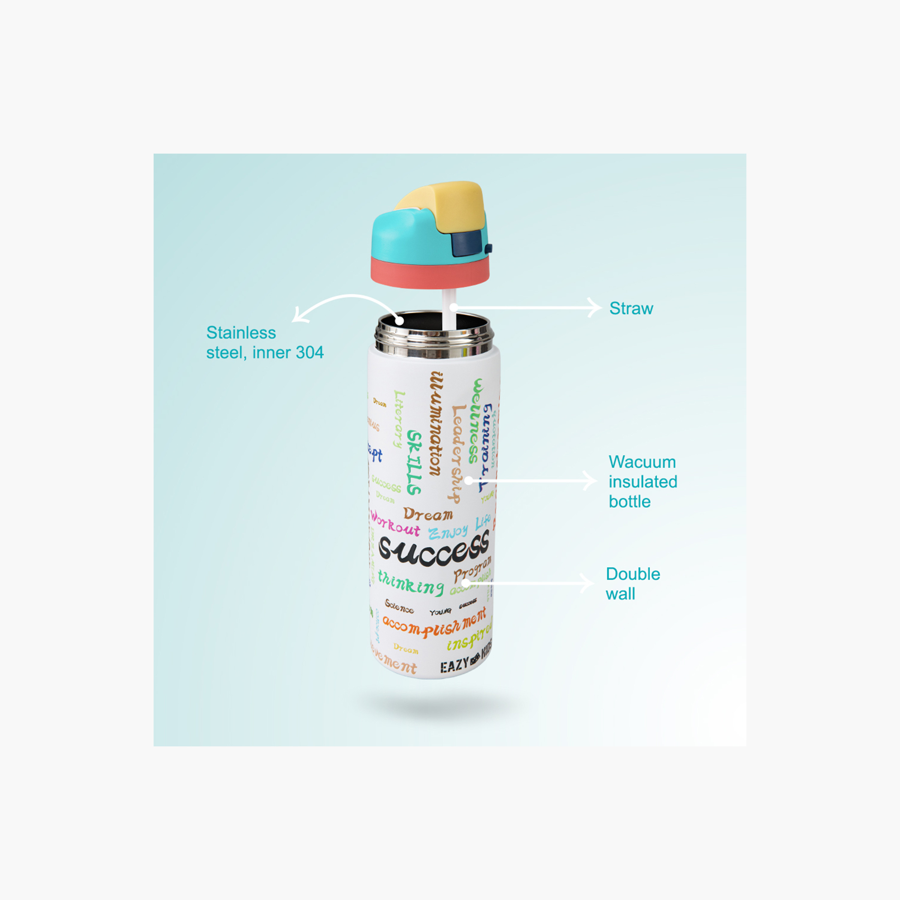 عبوة ماء ستانلس ستيل مع ماصة وفوهة ومقبض "سكسيس" | 710 مل من إيزي كيدز-school-waterbottles-image-9