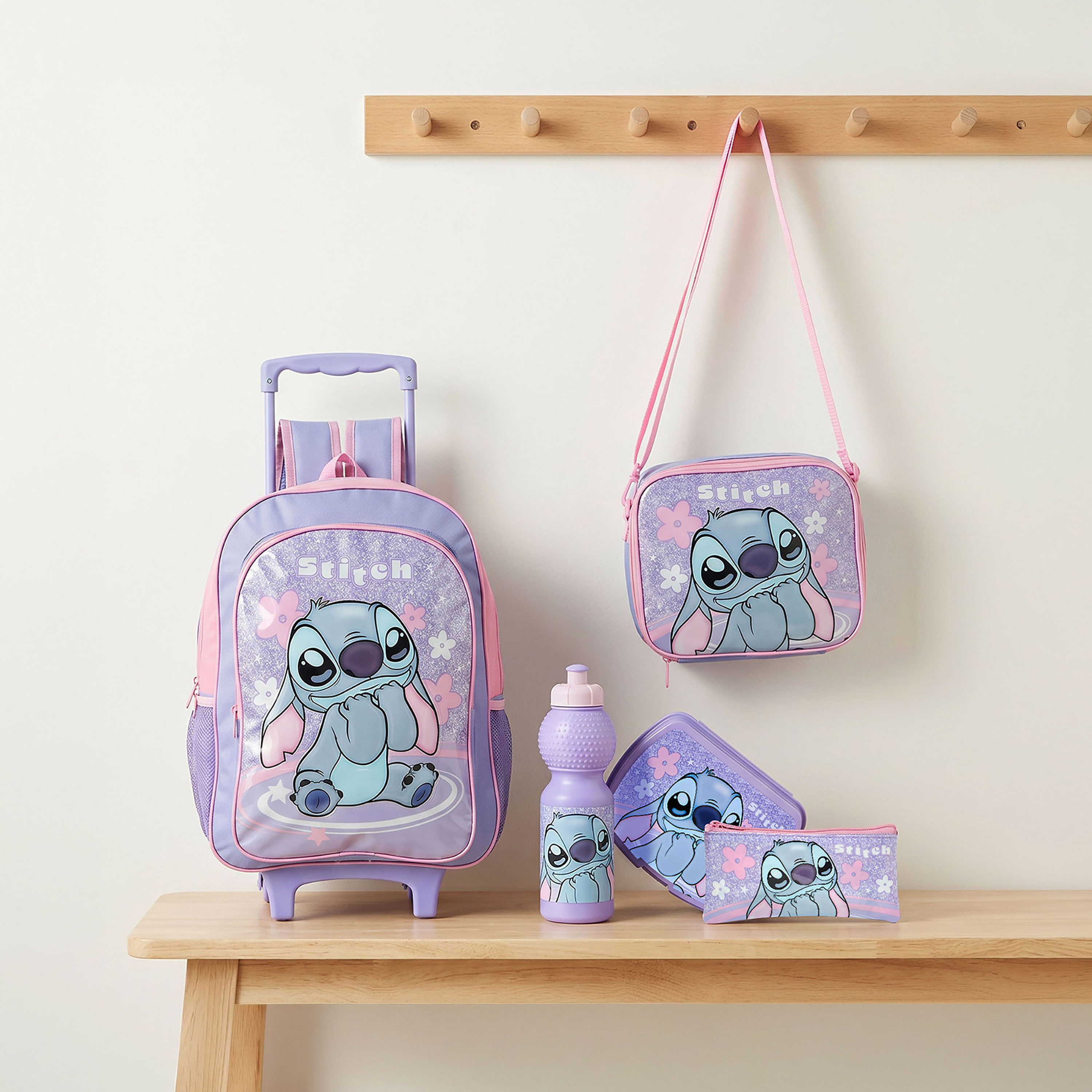 Disney Stitch Print 5-Piece School Trolley Bag Set for Kids 5-8 Years with Lunch Bag - 16 inches-school-bagsandbackpacks-trolleybags-image-1