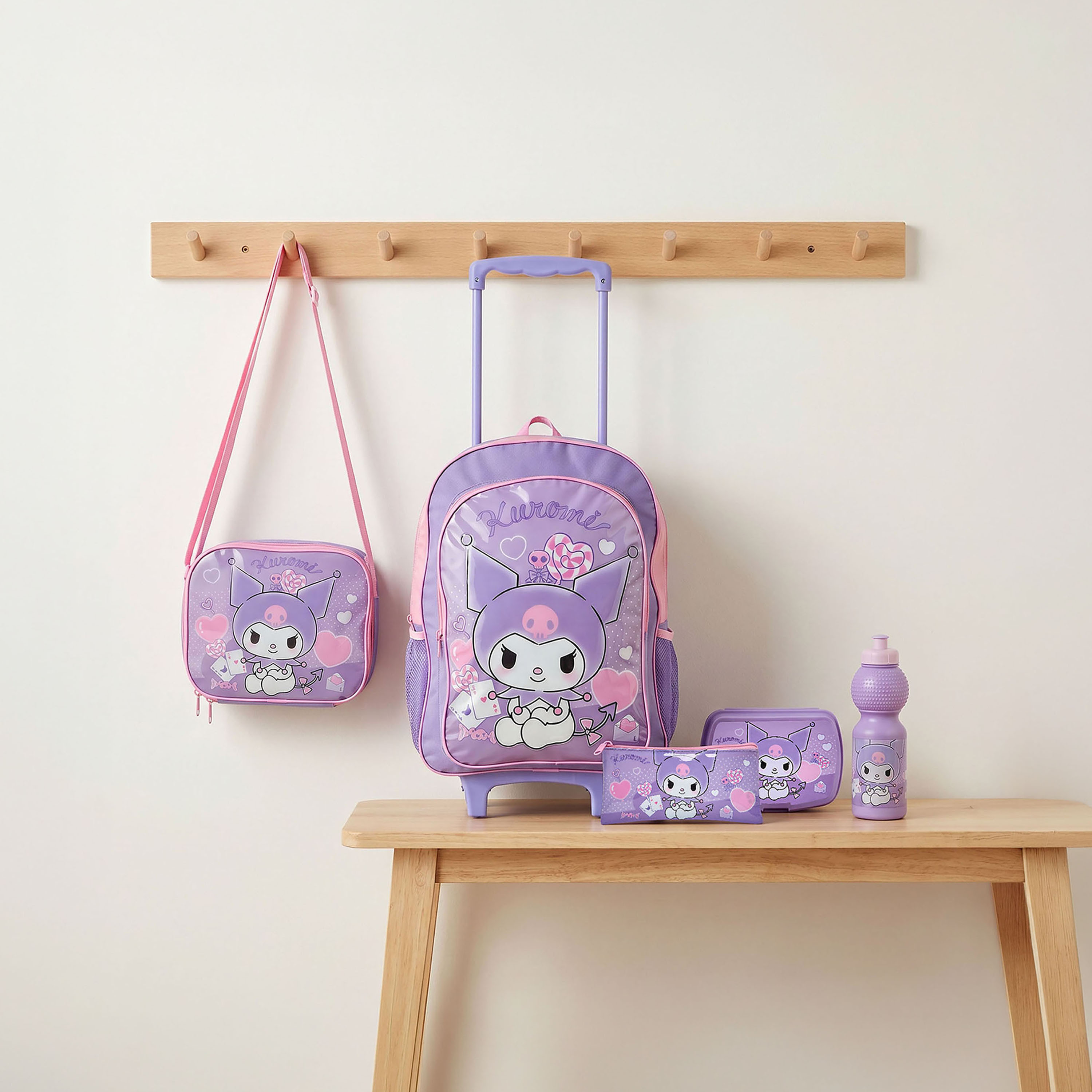 Sanrio Kuromi Print 5-Piece School Trolley Bag Set for Girls 5-8 Years with Lunch Bag - 16 inches-school-bagsandbackpacks-trolleybags-image-1