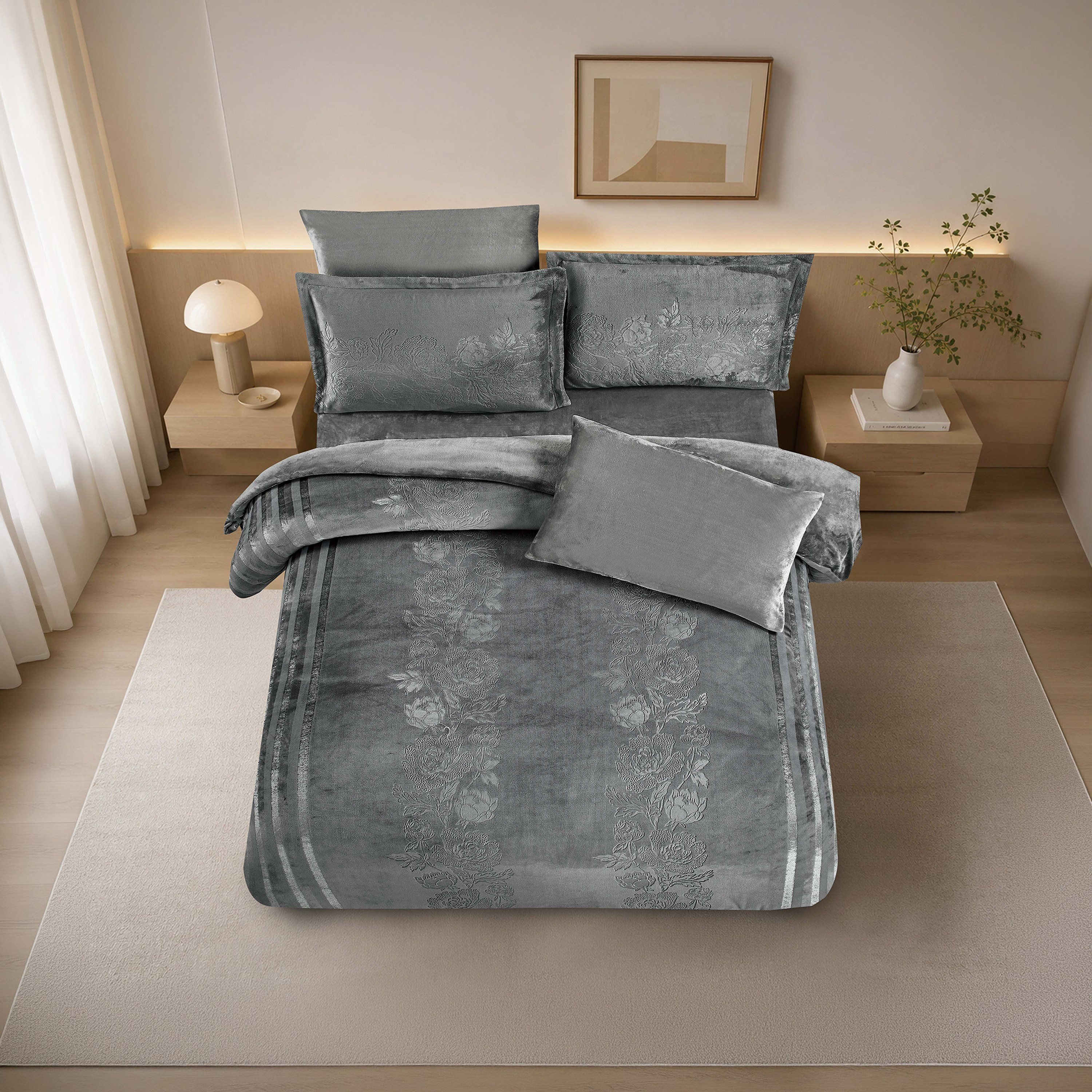 Unique Home Winter Stripe Embossed Flannel Plush Velvet Comforter Set - 260x240 cm-household-bedding-comfortersandbedspreads-comforters-image-1