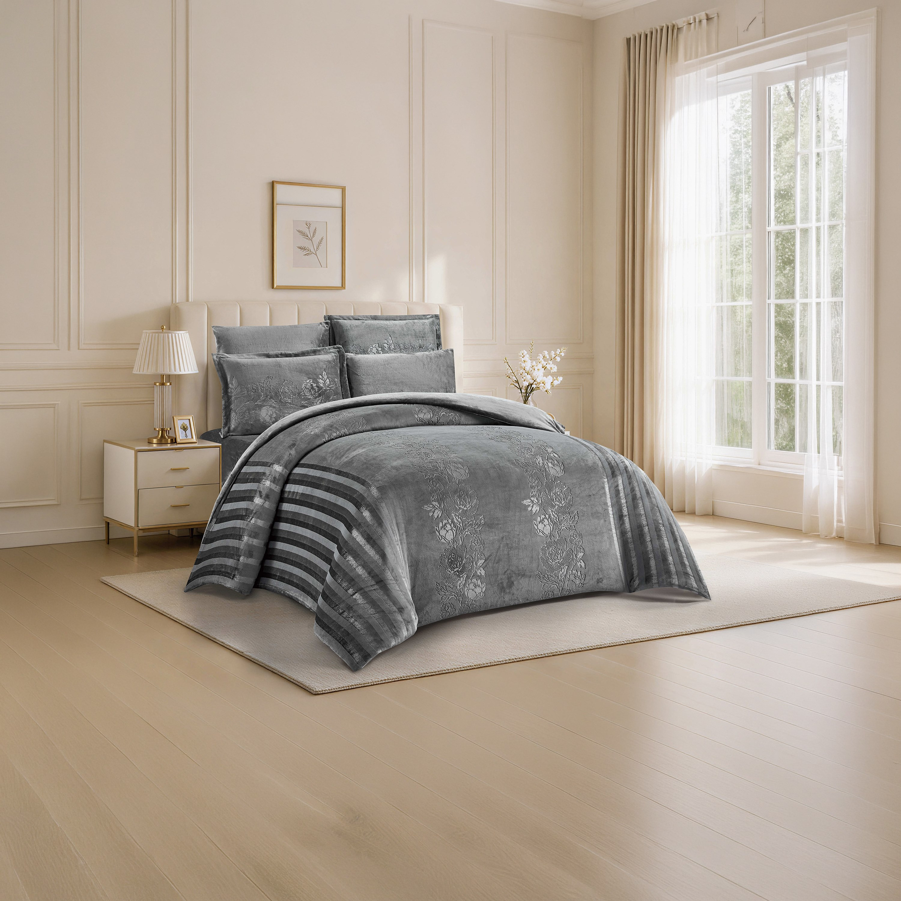 Unique Home Winter Stripe Embossed Flannel Plush Velvet Comforter Set - 260x240 cm-household-bedding-comfortersandbedspreads-comforters-image-3