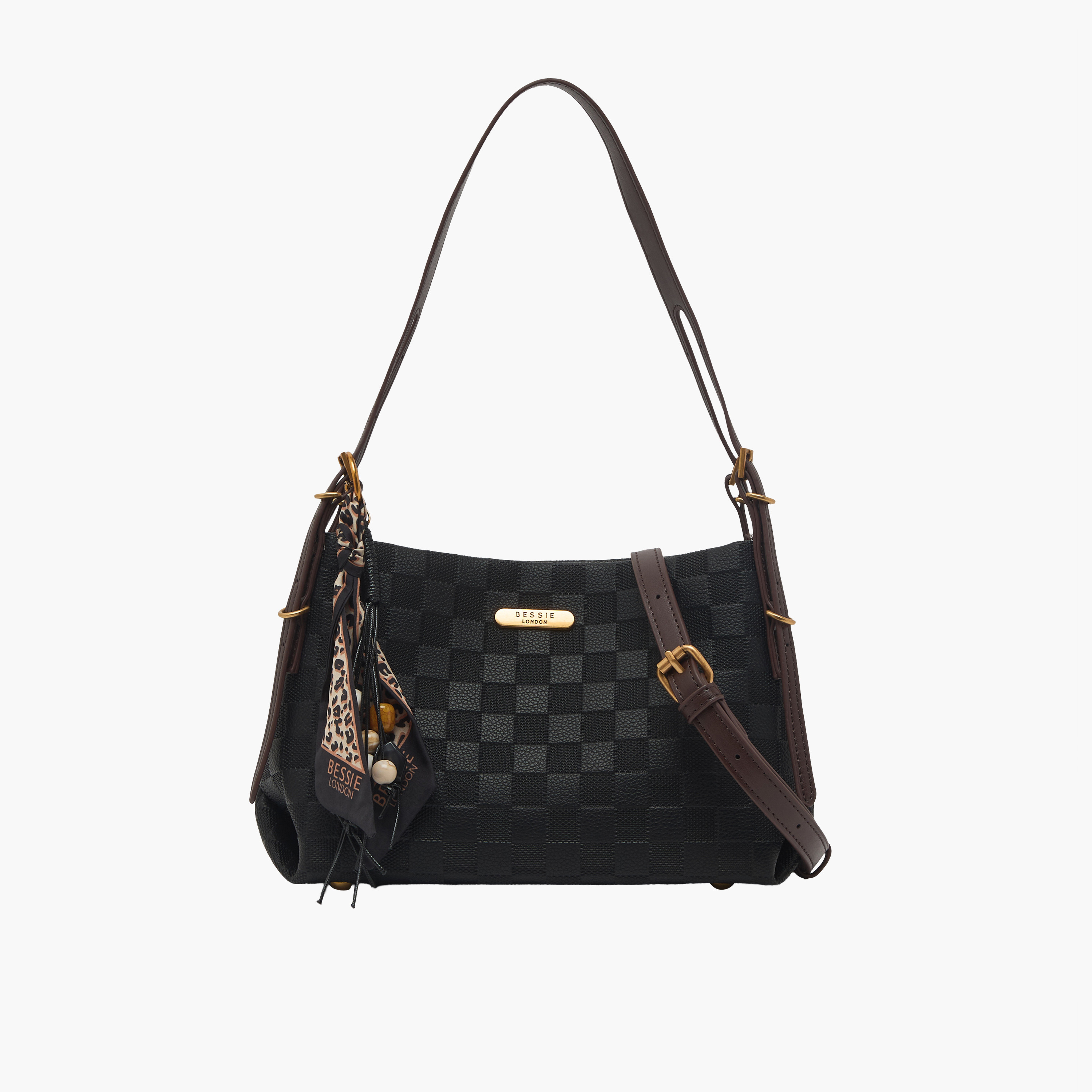 Bessie London Checked Tote Bag with Scarf Accent-women-bagsandwallets-handbags-image-1