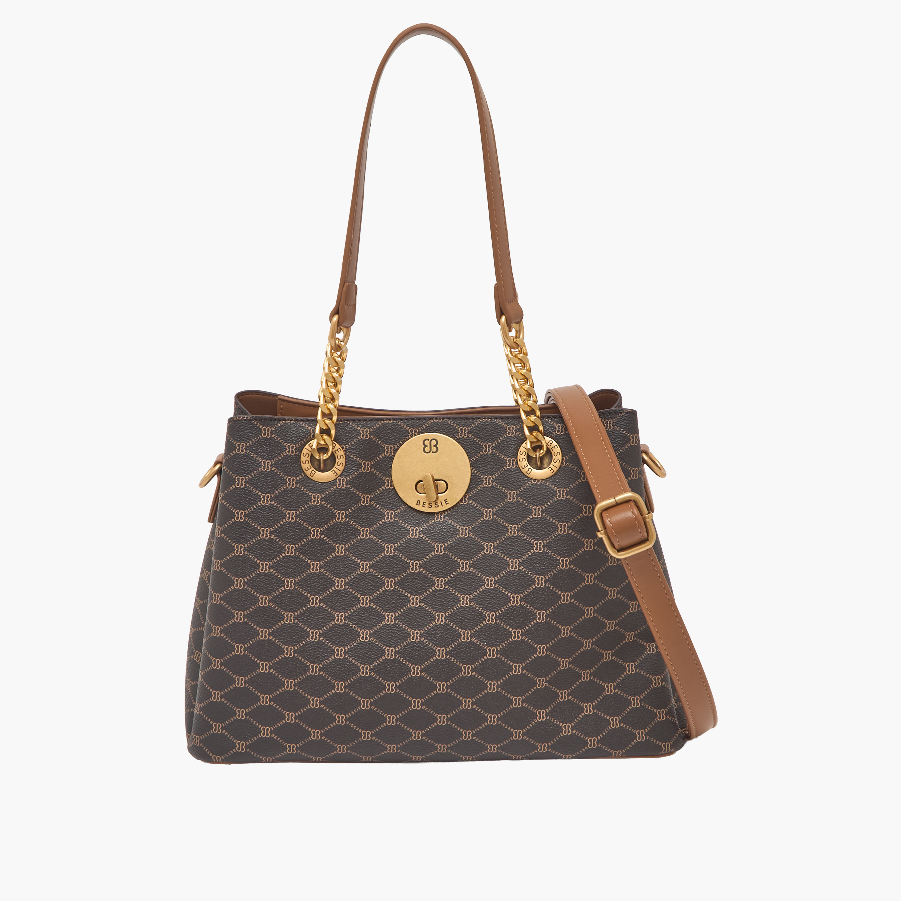 Bessie London Monogram Tote Bag with Chain Detail-women-bagsandwallets-handbags-image-1