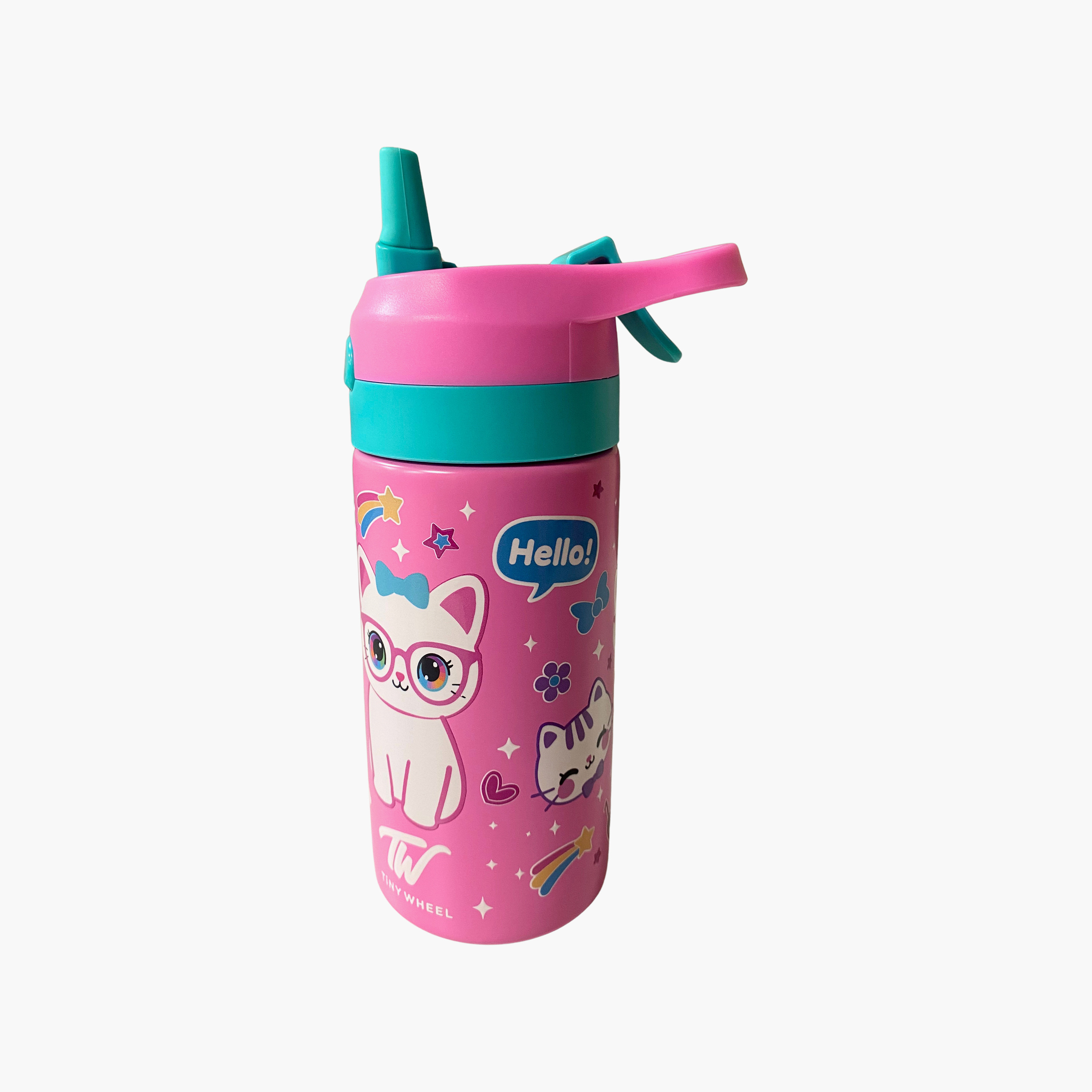 Tiny Wheels Cat Stainless Steel Spray Water Bottle with Flip-Up Straw Cap & Carry Handle - 320 ml-school-waterbottles-image-1