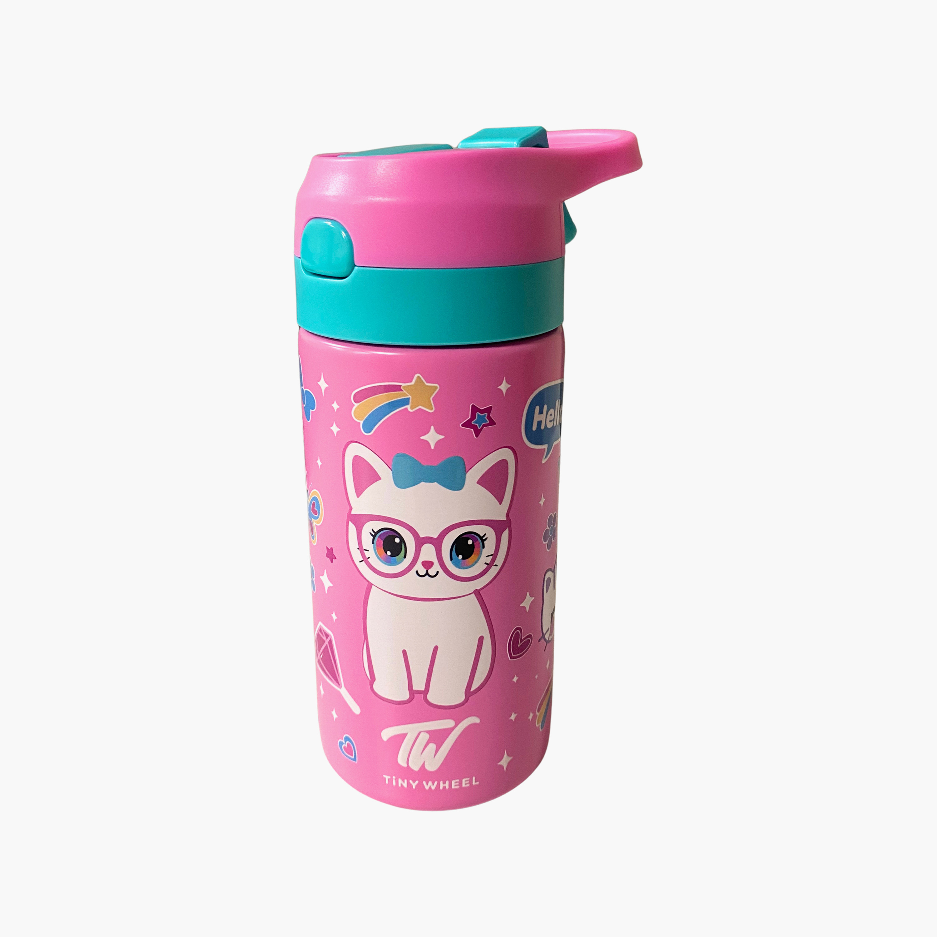 Tiny Wheels Cat Stainless Steel Spray Water Bottle with Flip-Up Straw Cap & Carry Handle - 320 ml-school-waterbottles-image-3