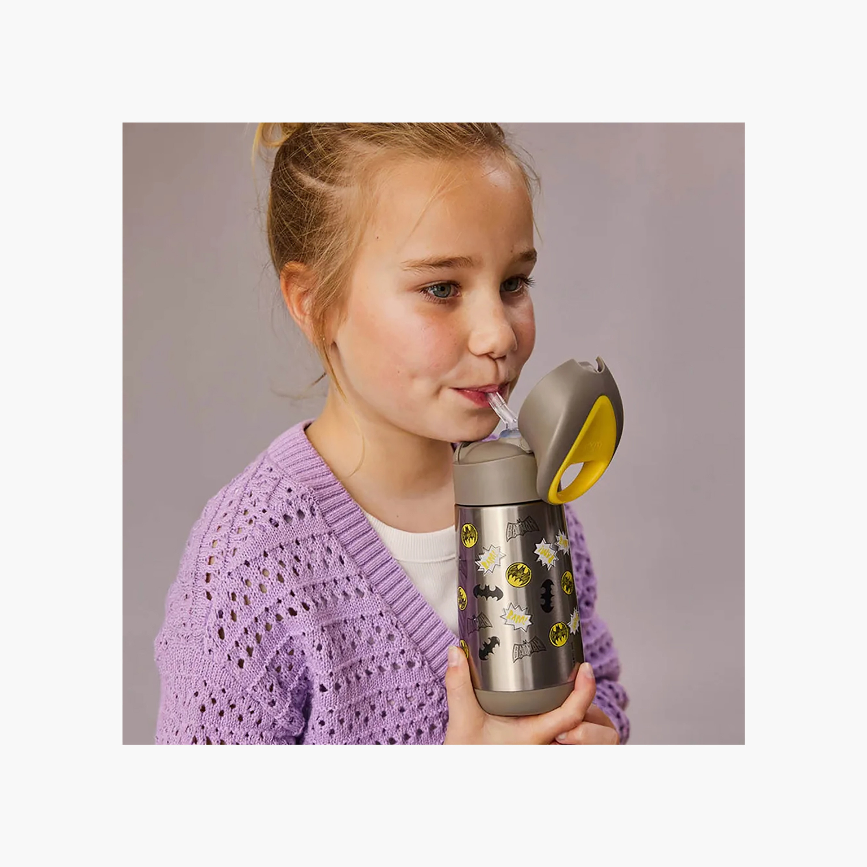 قارورة مياه ستانلس ستيل عازلة للحرارة بقشة وطبعات باتمان من بي بوكس - 350 مل-school-waterbottles-image-5
