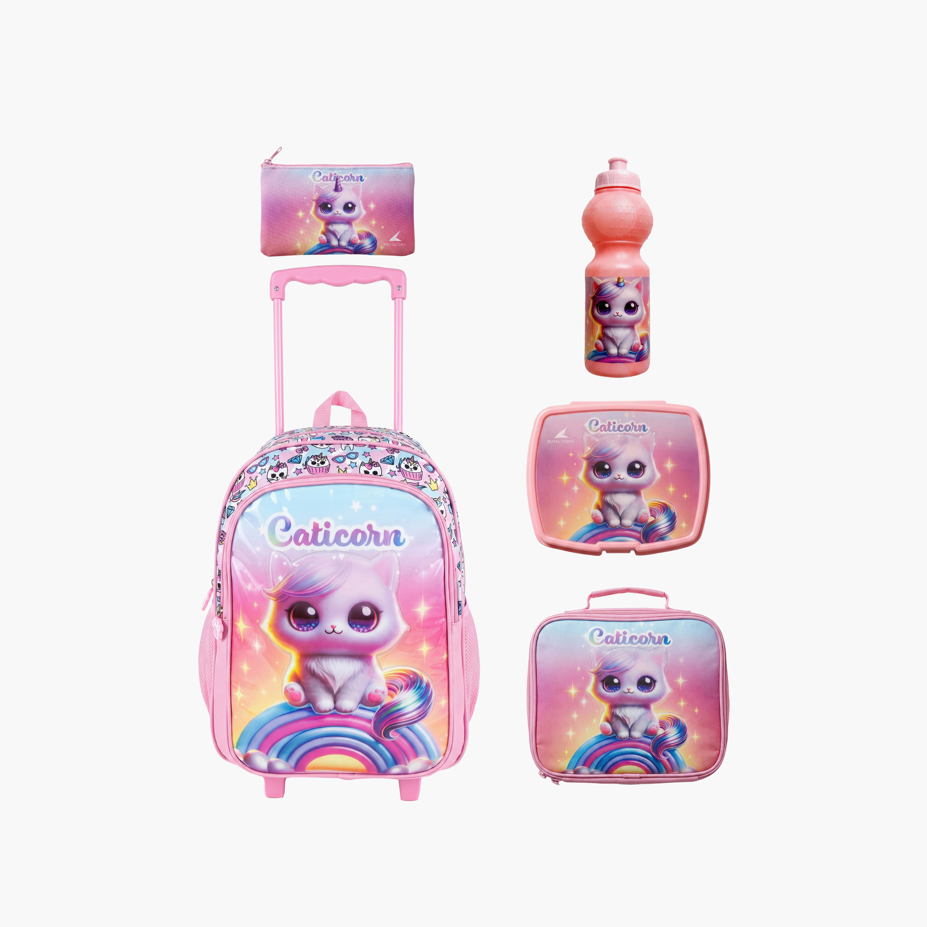 Royal Falcon Cat Caticorn 5-Piece School Trolley Backpack Set for Girls 5-8 Years - 15 Inch-school-bagsandbackpacks-trolleybags-image-1