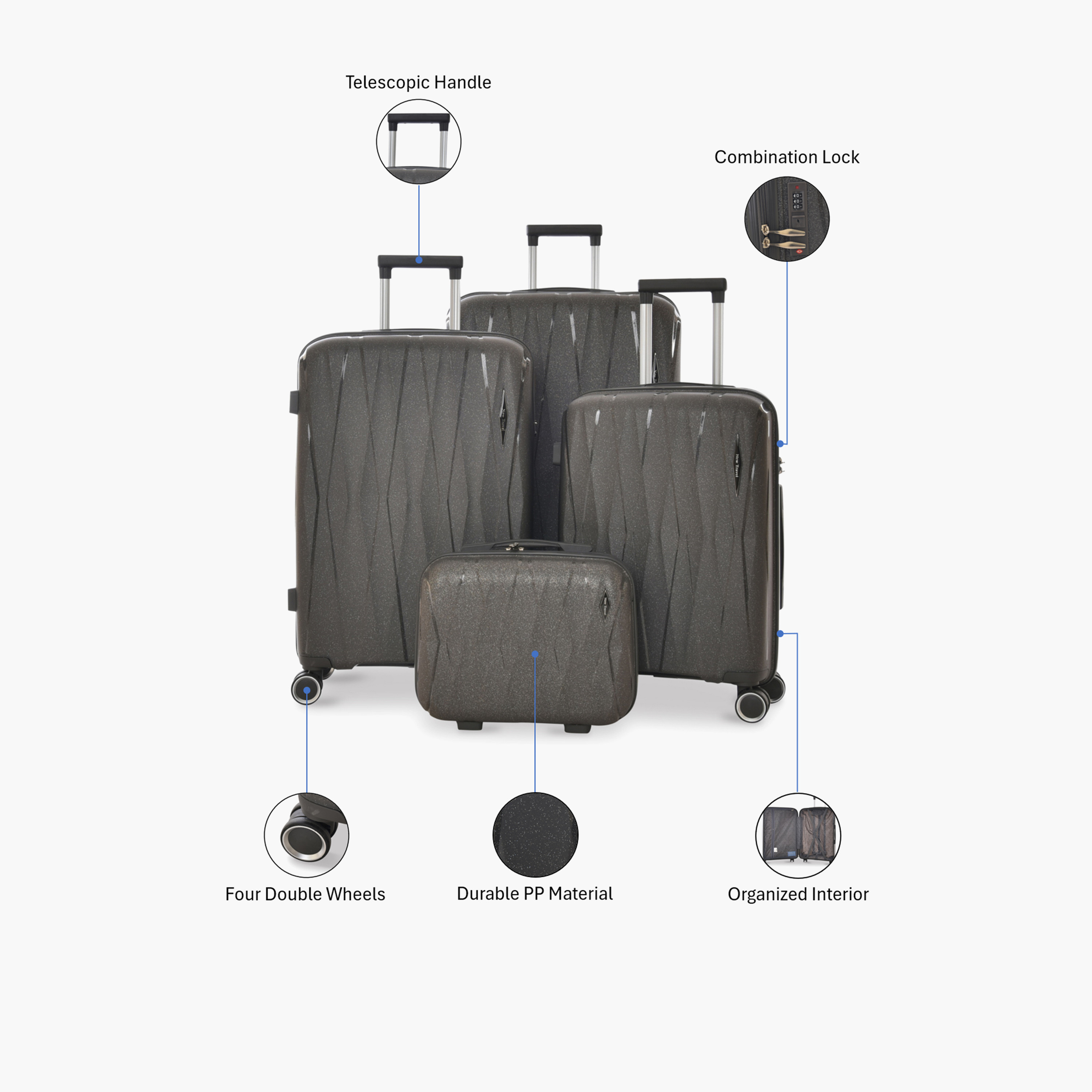 New Travel Set of 4 Polypropylene Hard-Sided 4-Wheeler Spinner Trolley Bags with Combination Lock-travel-luggagesandbags-luggage-image-2