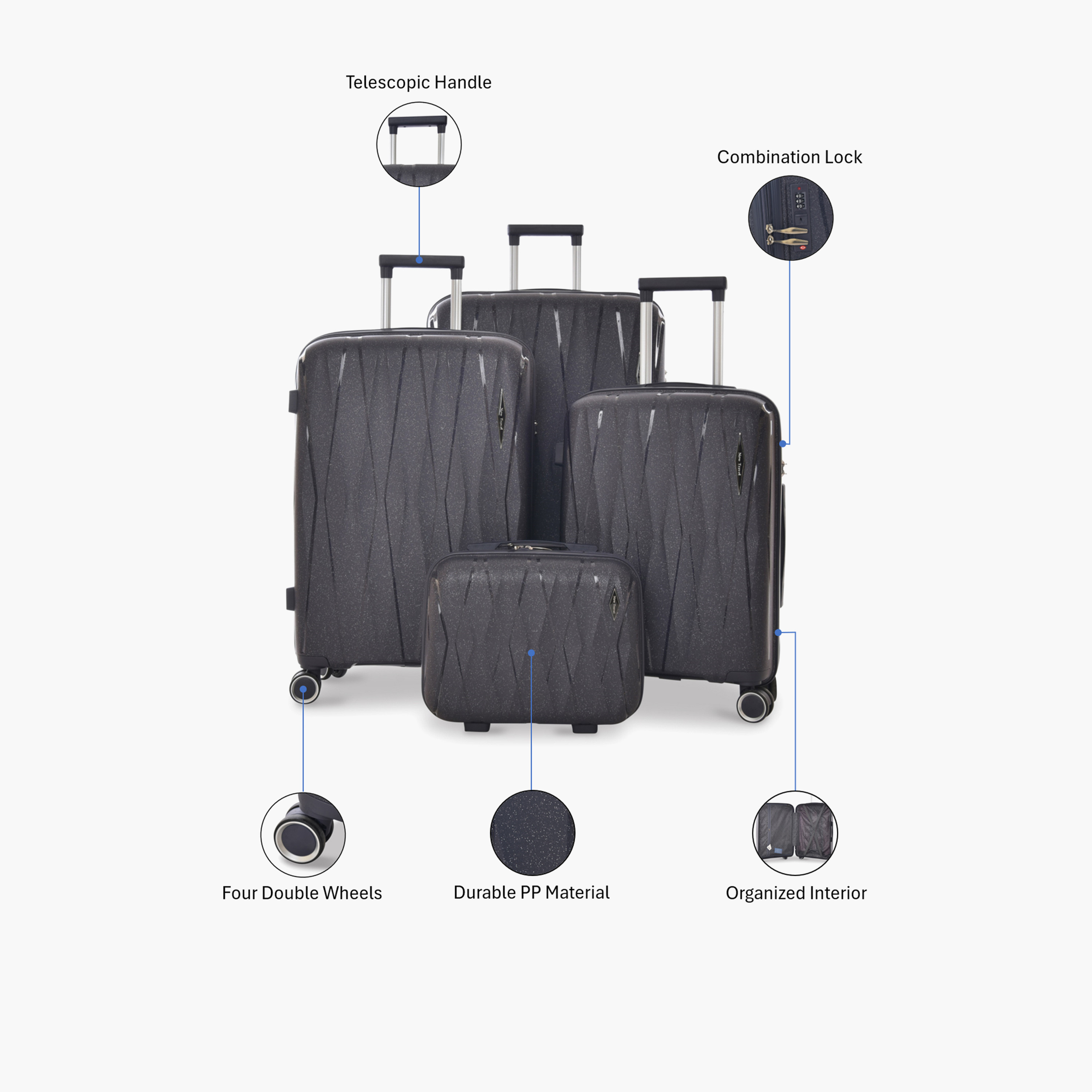 New Travel Set of 4 Polypropylene Hard-Sided 4-Wheeler Spinner Trolley Bags with Combination Lock-travel-luggagesandbags-luggage-image-2