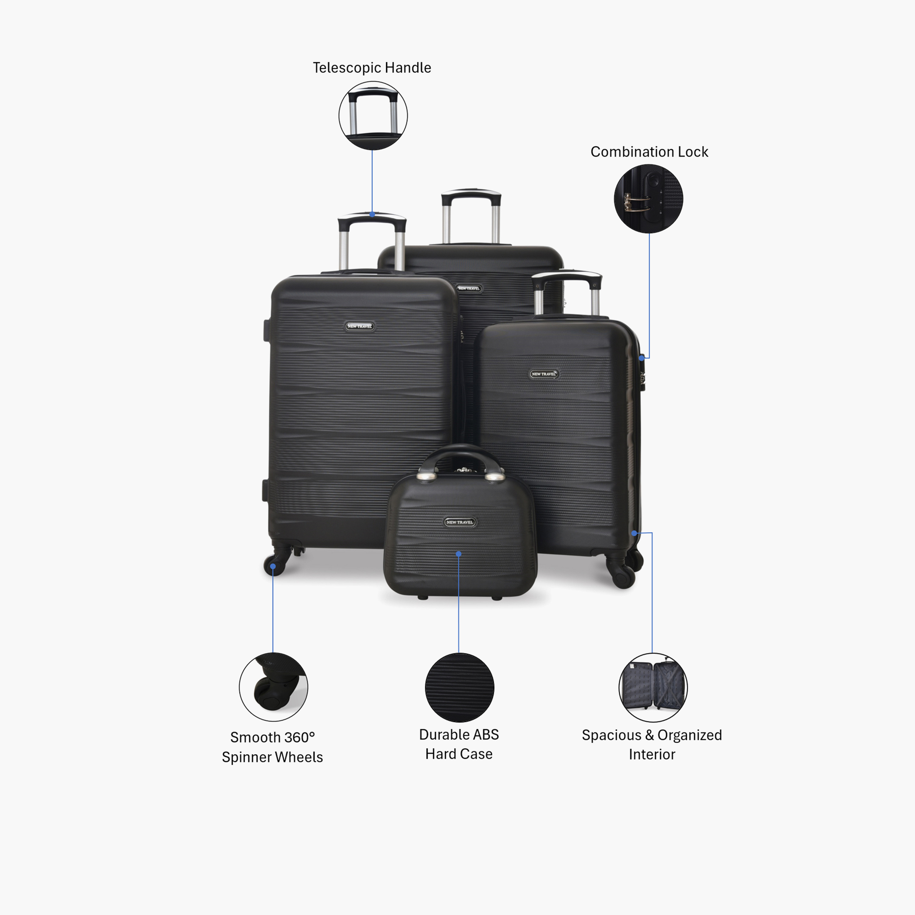 New Travel Set of 4 ABS Hard-Sided 4-Wheeler Spinner Trolley Bags with Combination Lock-travel-luggagesandbags-luggage-image-2