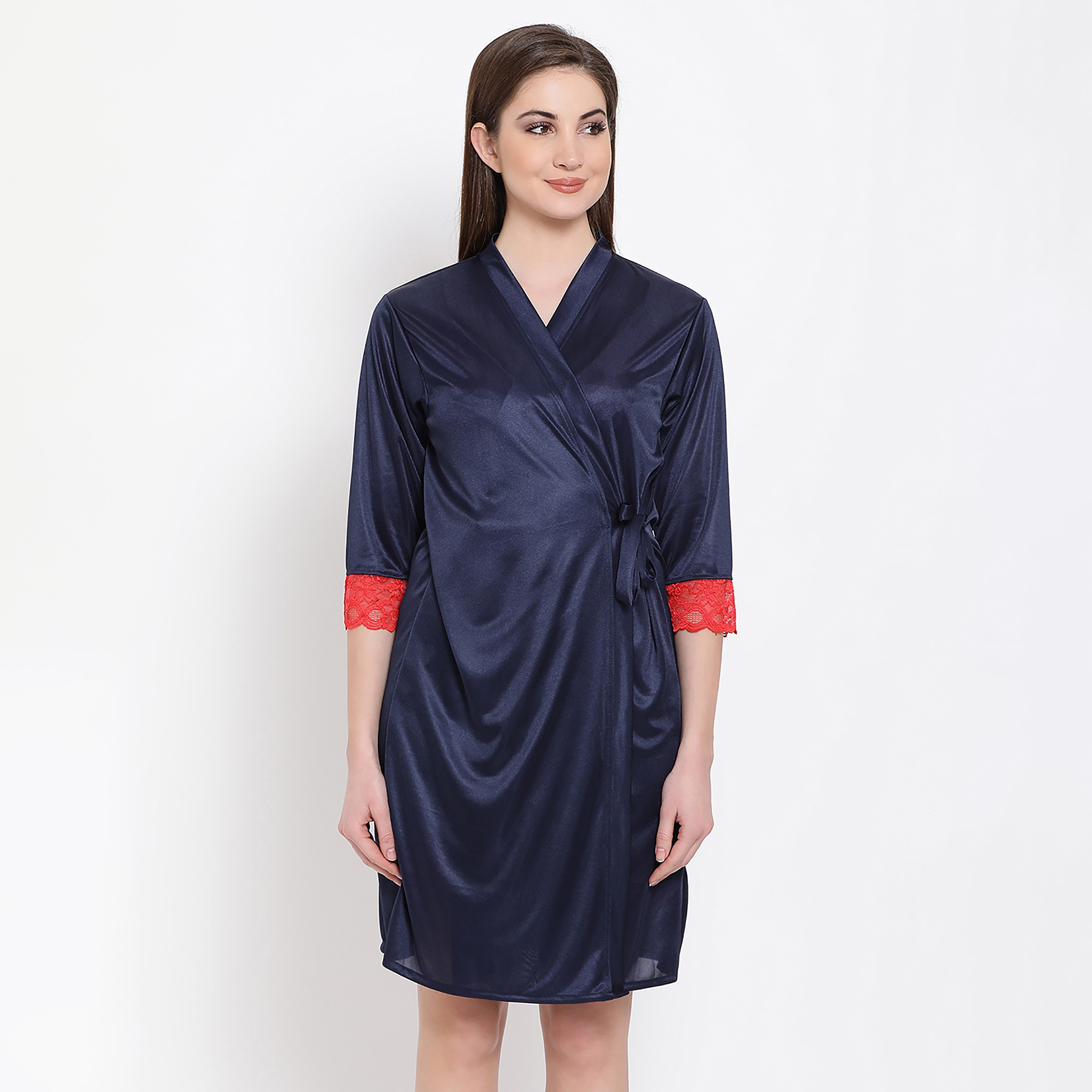 طقم قميص نوم قصير (نايتي) وروب من الساتان باللون الأزرق الكحلي للنساء من كلوفيا-women-clothing-nightwear-robes-image-1