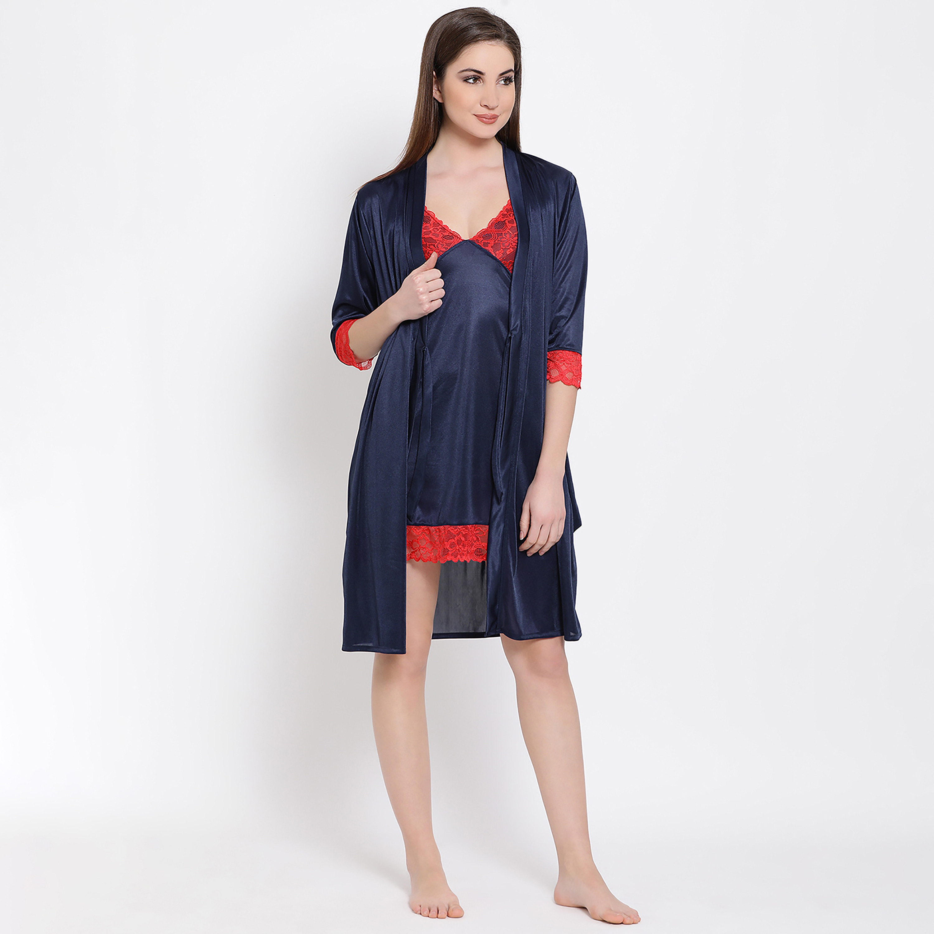 طقم قميص نوم قصير (نايتي) وروب من الساتان باللون الأزرق الكحلي للنساء من كلوفيا-women-clothing-nightwear-robes-image-2