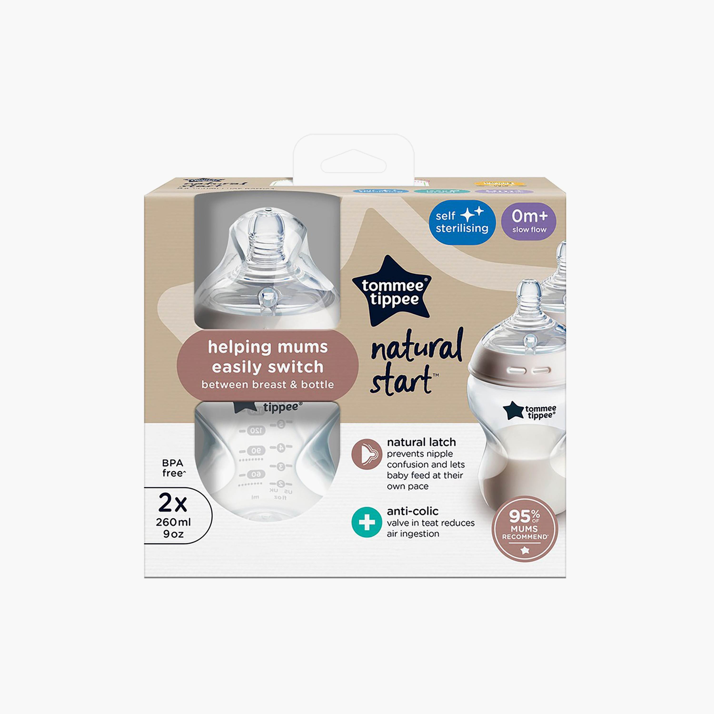 رضّاعة إطعام مضادة للمغص "ناتشورال ستارت" قطعتين من تومي تيبي - 260 + 260 مل-baby-feeding-feedingbottles-bottlesandteats-image-8