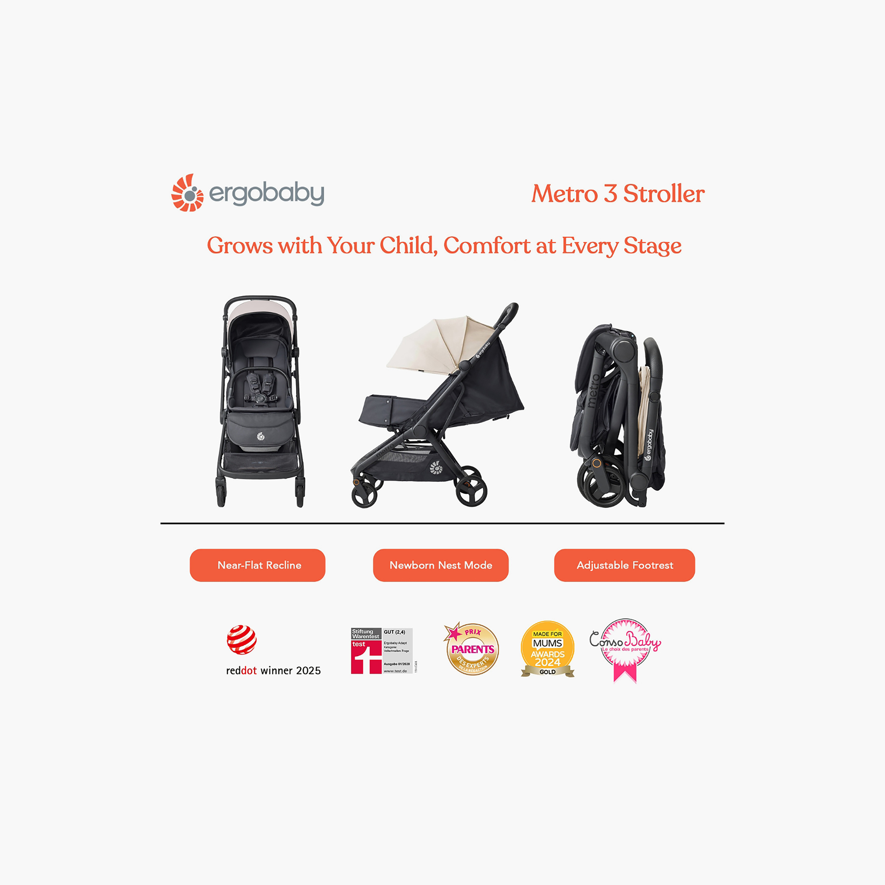 Ergobaby Metro 3 Stroller with 3-Fold System and Compact Fold-baby-gear-strollersandprams-strollers-image-3