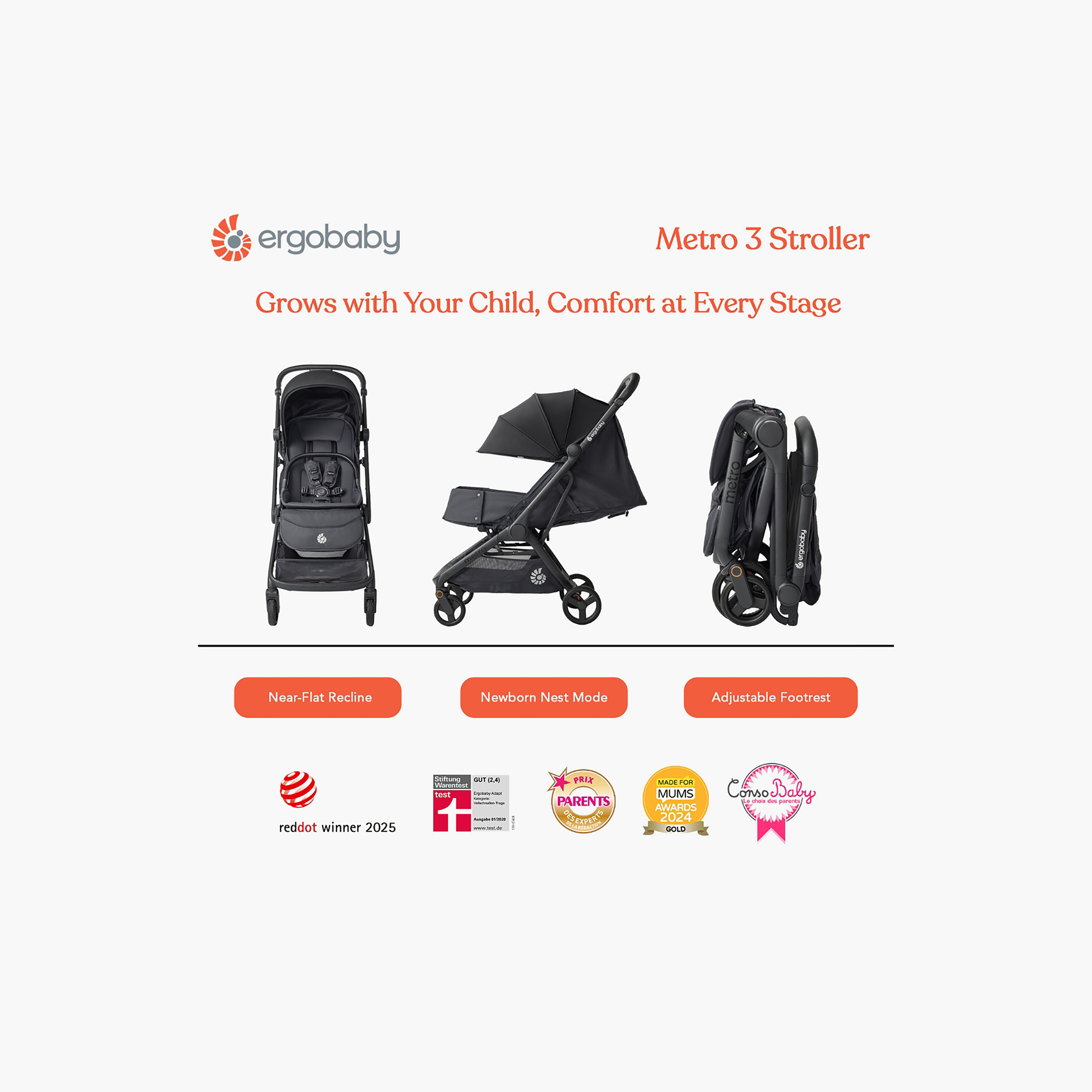 عربة أطفال بنظام ثلاثي الطي وبطي مدمج إرجو بيبي ميترو من إرجو بيبي-baby-gear-strollersandprams-strollers-image-3