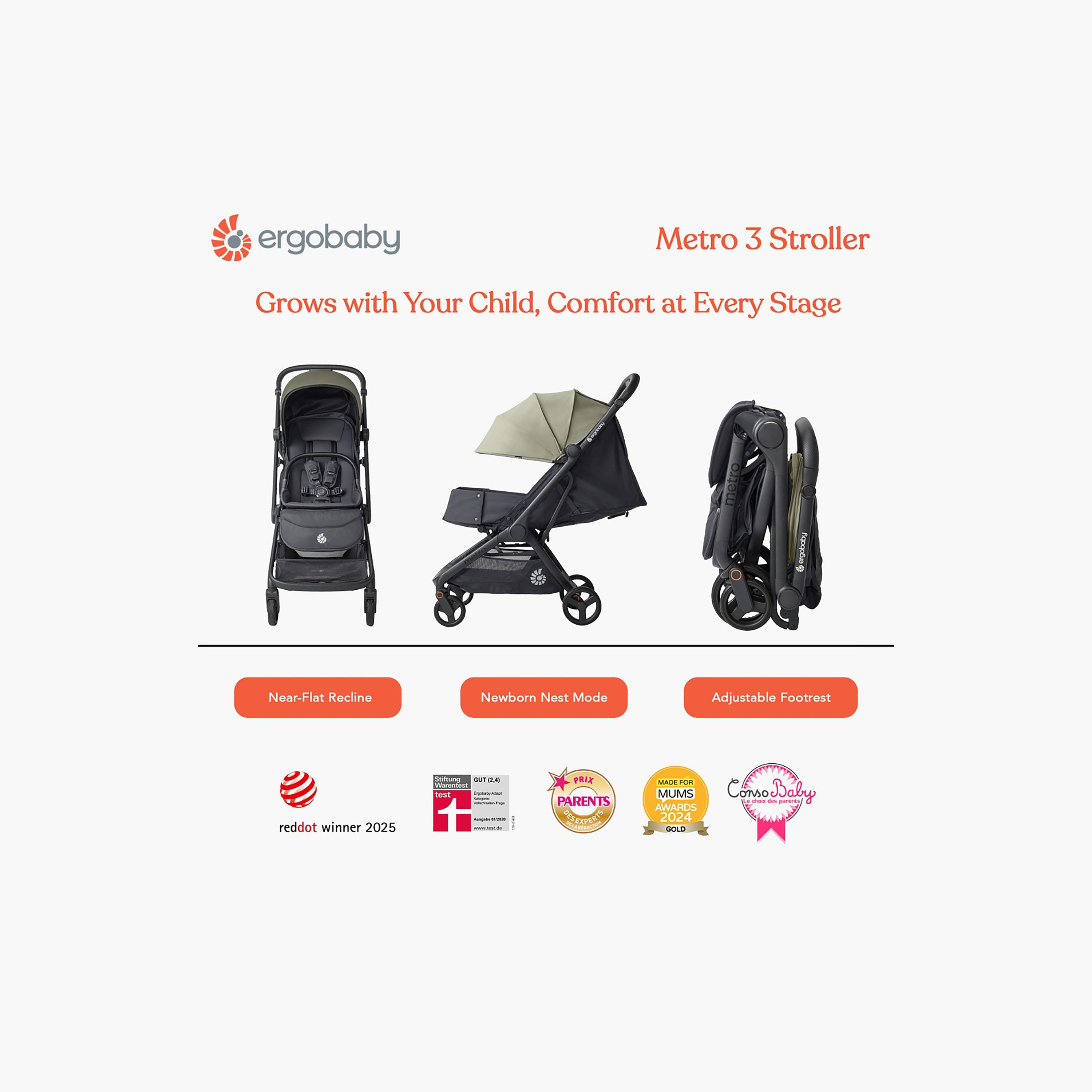 عربة أطفال بنظام ثلاثي الطي وبطي مدمج إرجو بيبي ميترو من إرجو بيبي-baby-gear-strollersandprams-strollers-image-3