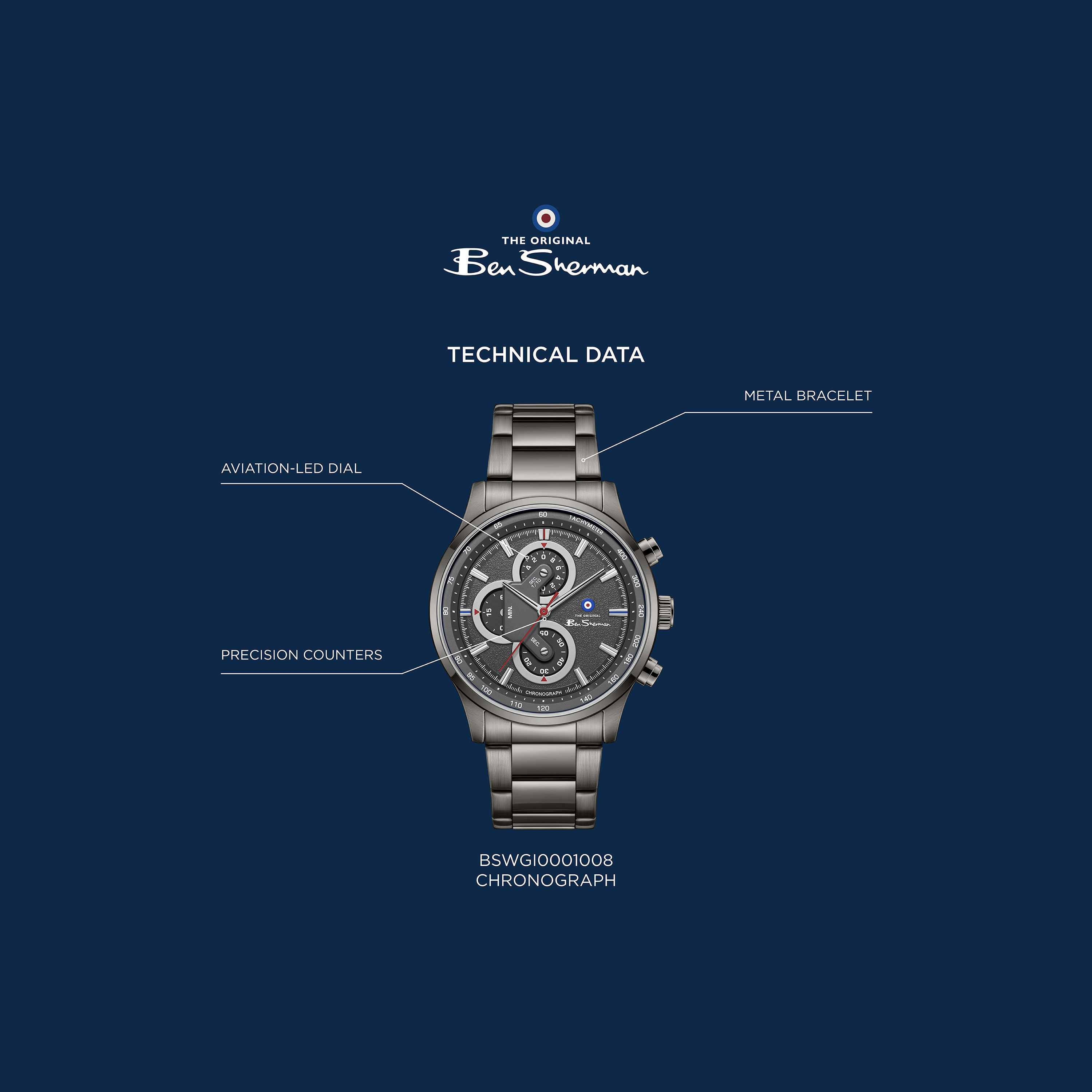 ساعة بن شيرمان رجالية رمادية دائرية 43.5 ملم كرونوغراف | BSWGI0001008-men-watchesandjewellery-watches-image-5